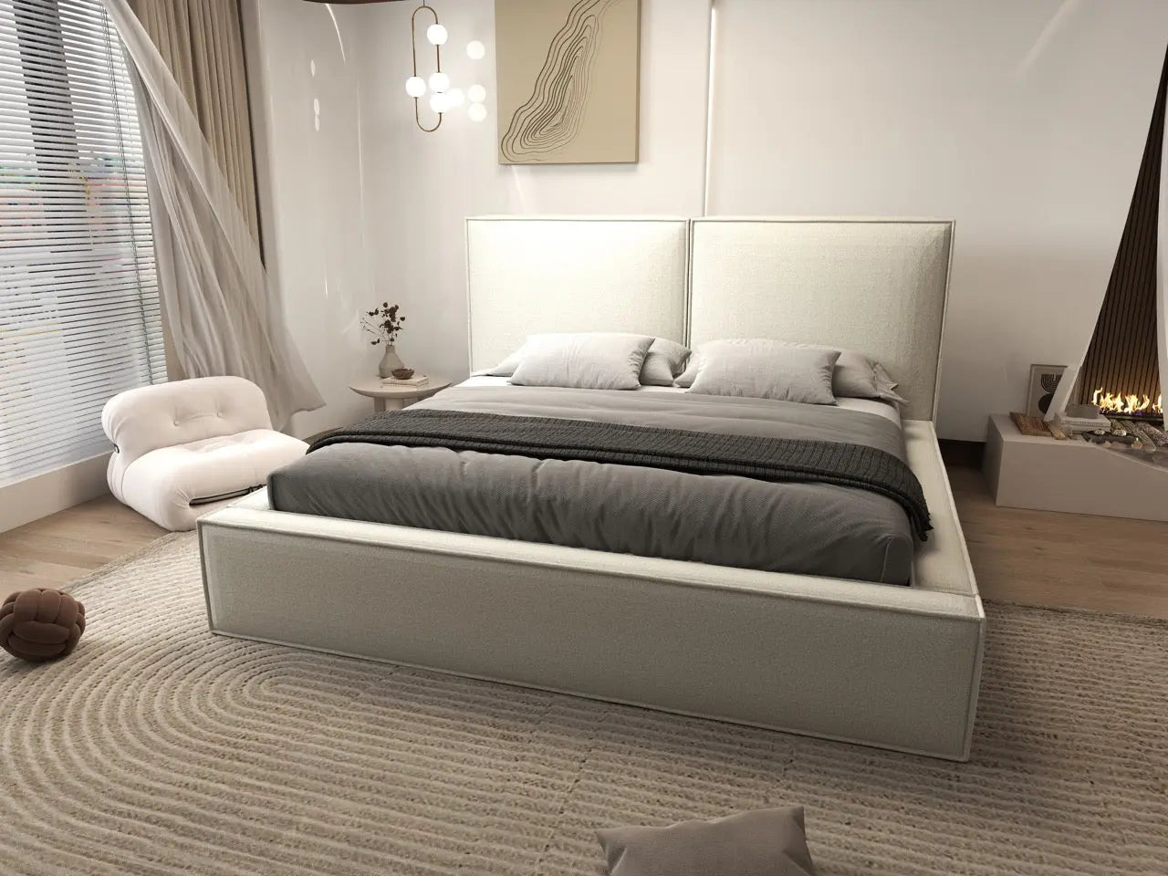 Pat dormitor dumonde, tapitat alb, Dreamer 160x200 cm, somiera rabatabila inclusa, spatiu depozitare WLS