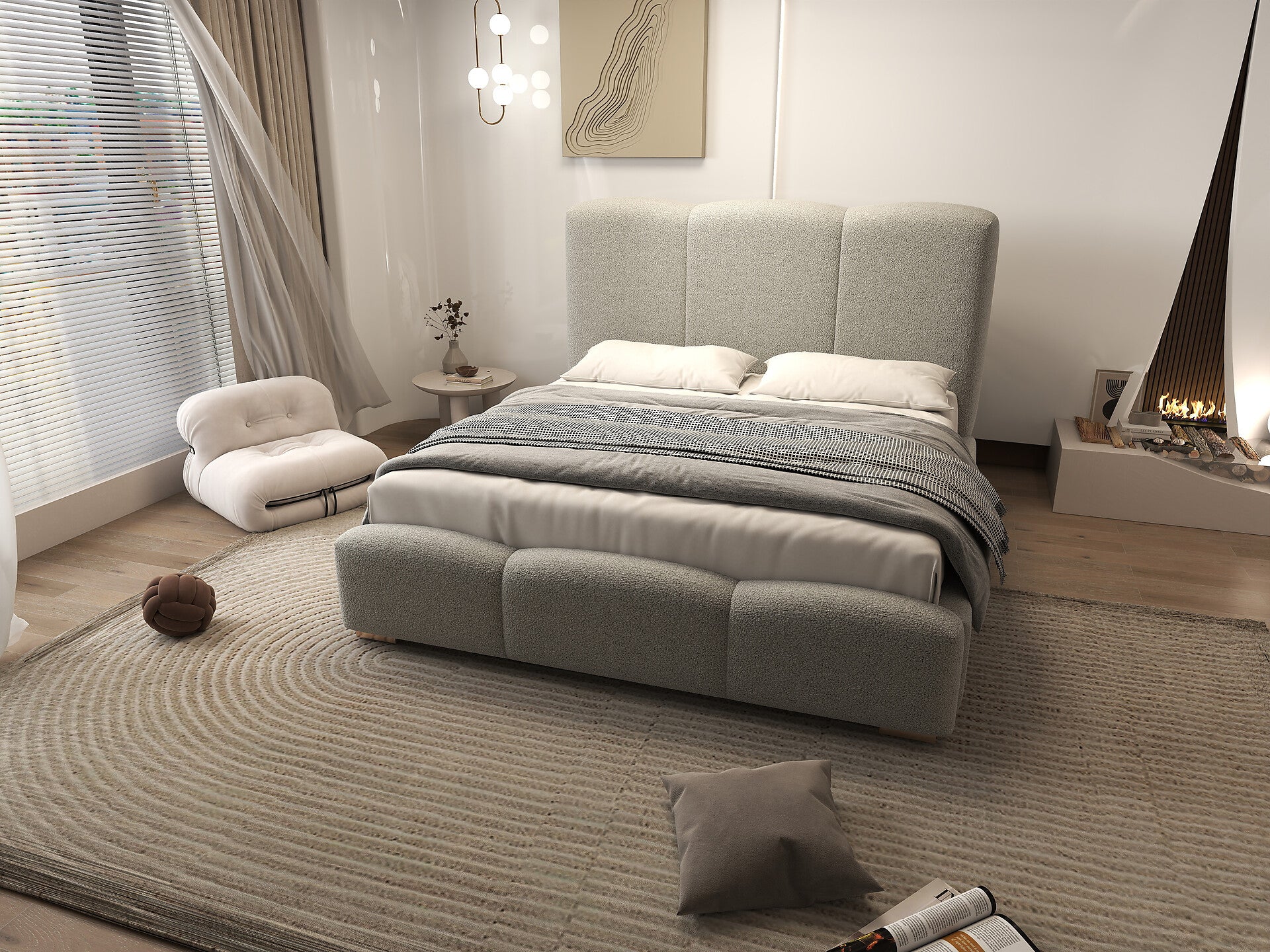 Pat dormitor dumonde, tapitat gri, Havana 160x200 cm, somiera rabatabila inclusa, spatiu depozitare