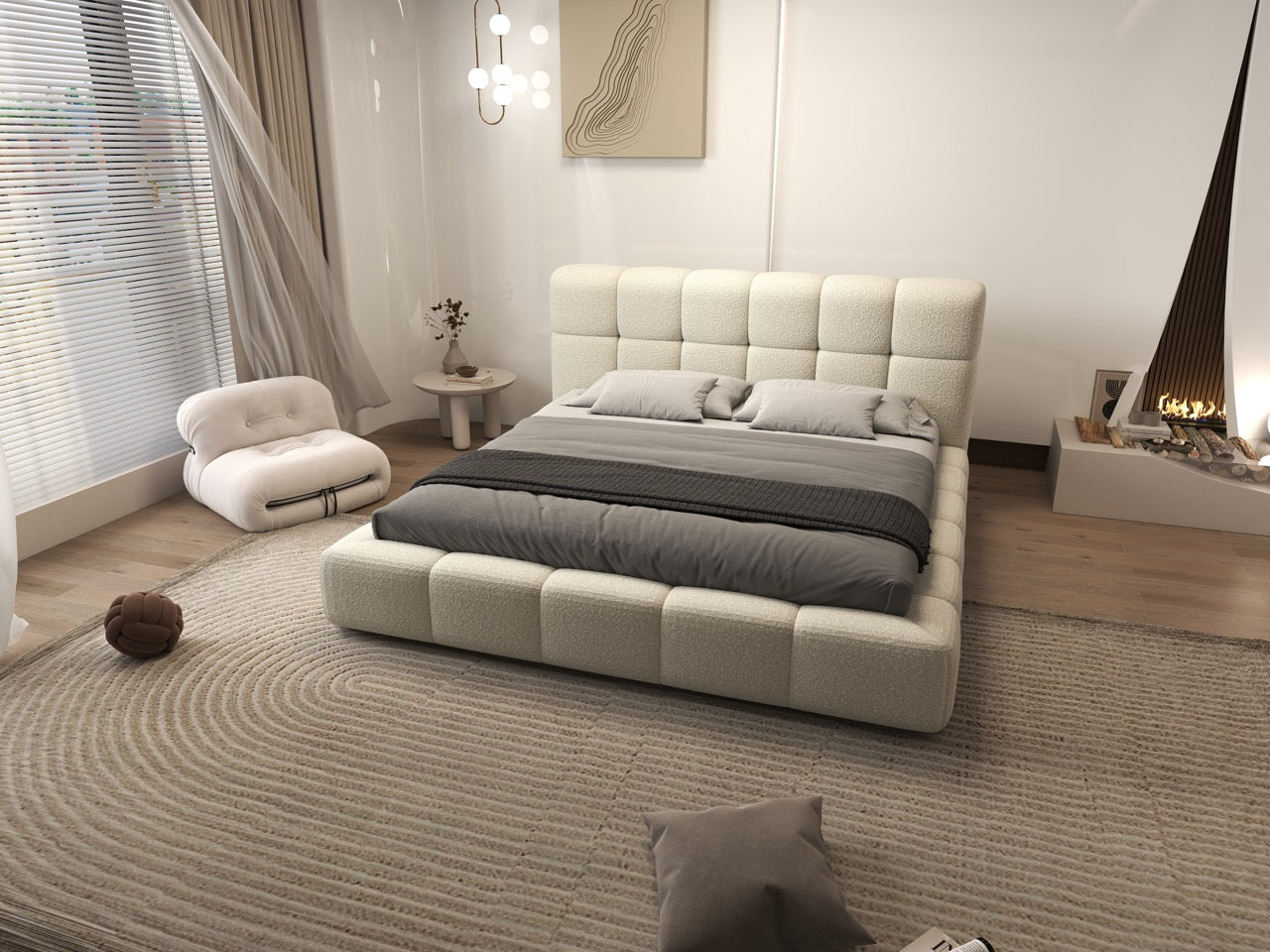 Pat dormitor dumonde, tapitat bej, Lorenzo 180x200 cm, somiera rabatabila inclusa, spatiu depozitare