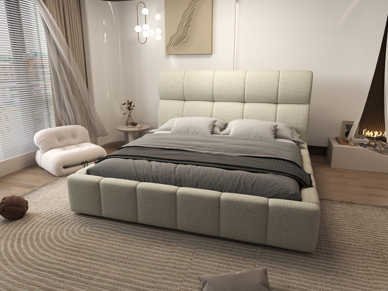 Pat dormitor dumonde, tapitat bej, Prestige 180x200 cm, somiera rabatabila inclusa, spatiu depozitare