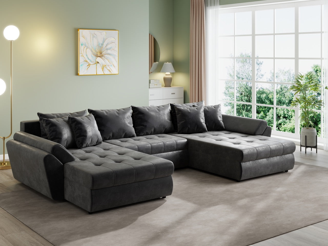 Colțar extensibil dumonde cu ladă de depozitare si sezut confortabil din spuma HR, Loana U Dark Brown 355x185 cm