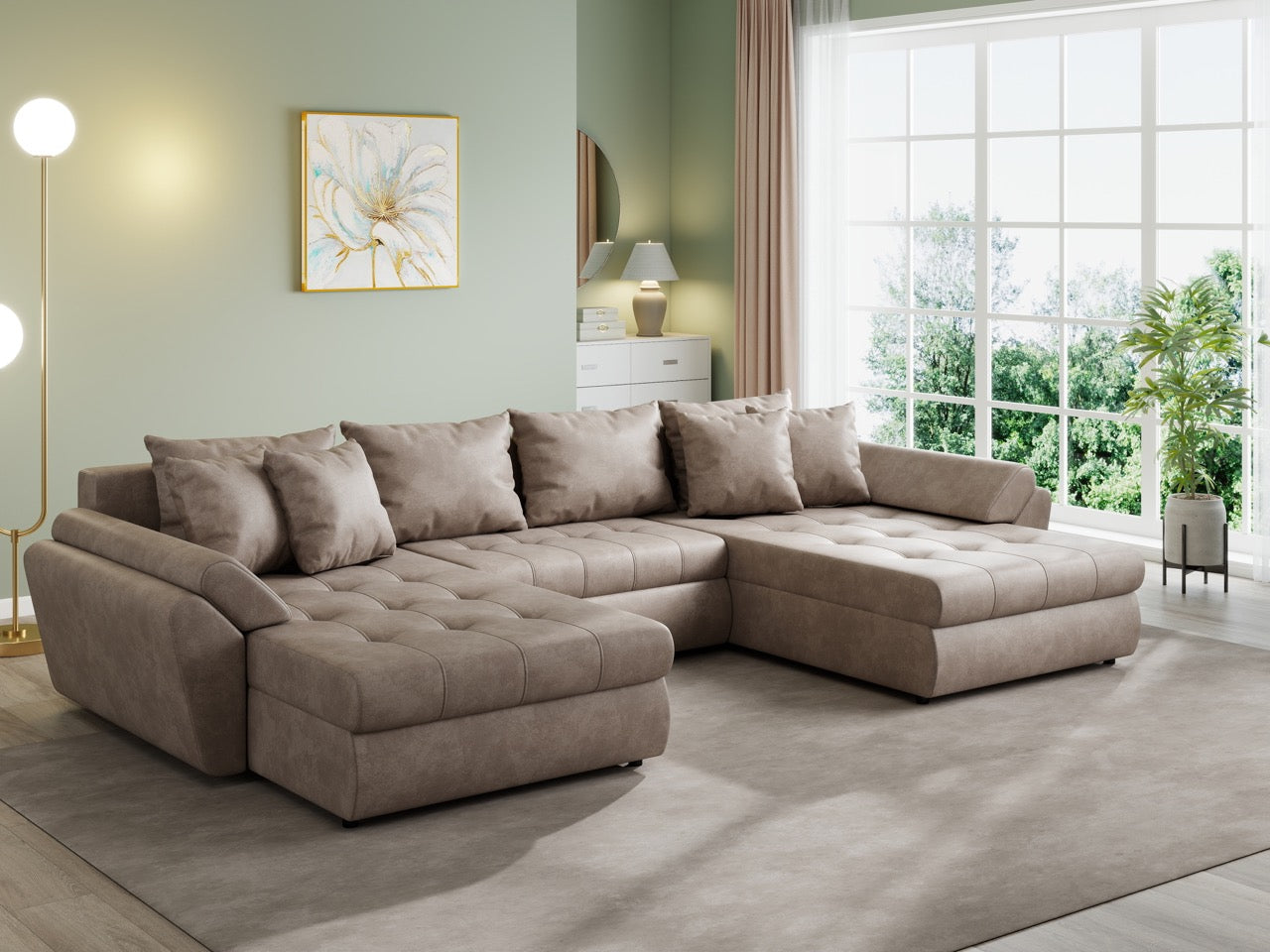 Colțar extensibil dumonde cu ladă de depozitare si sezut confortabil din spuma HR, Loana U Tobago Brown 355x185 cm