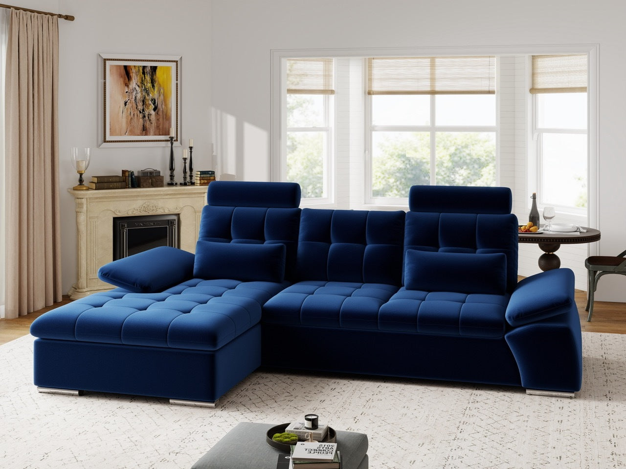 Colțar extensibil dumonde cu ladă de depozitare și șezut confortabil din spumă HR, Merkur Royal Albastru Navy 270x168 cm