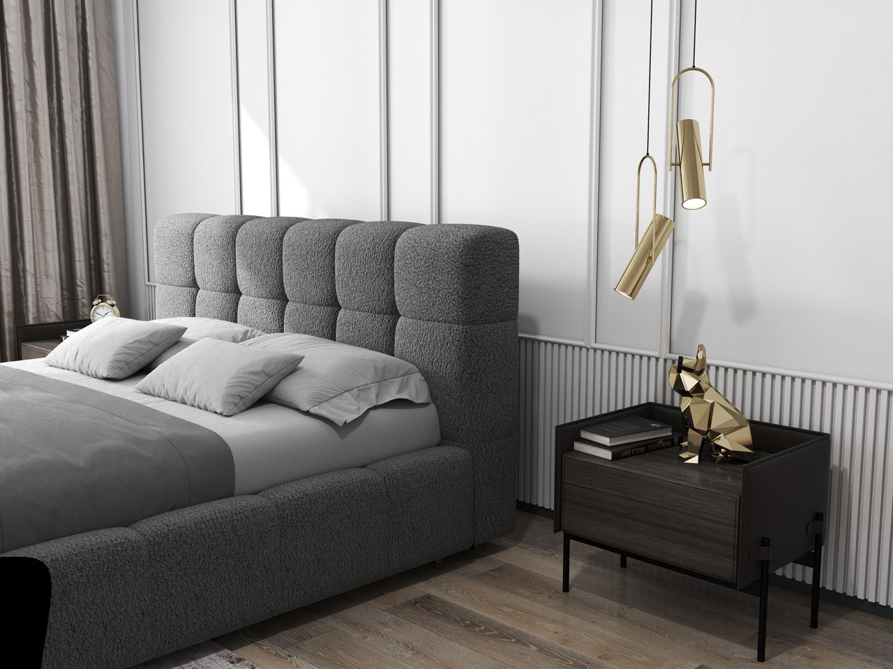 Pat dormitor dumonde, tapitat alb, Lorenzo 160x200 cm, somiera rabatabila inclusa, spatiu depozitare