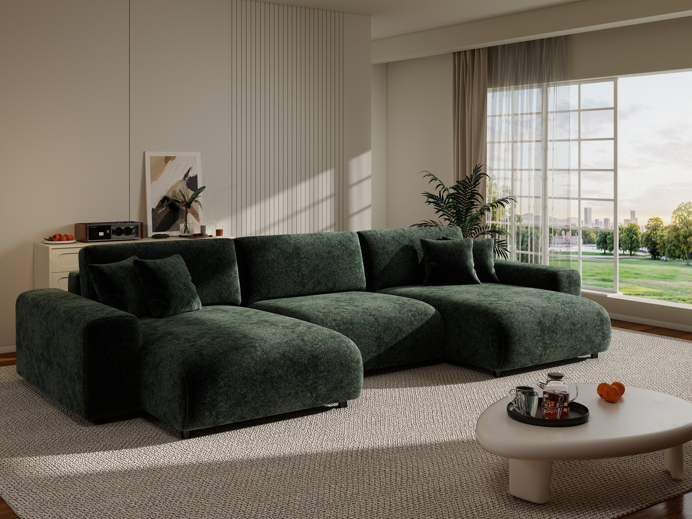 Colțar extensibil dumonde cu ladă de depozitare si sezut confortabil din spuma HR, Sarina U Euphoria Verde 350x168 cm