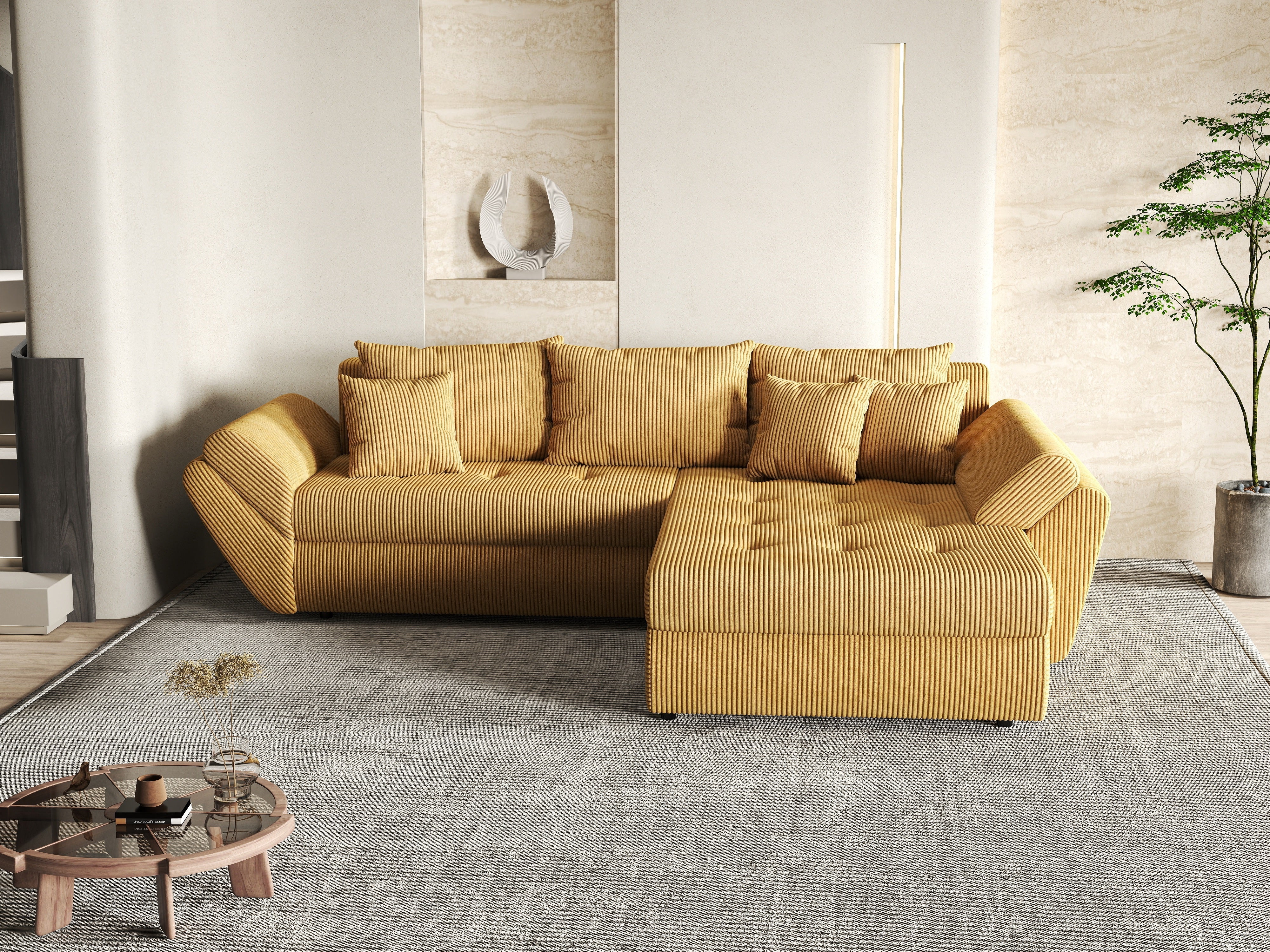 Colțar extensibil dumonde cu ladă de depozitare si sezut confortabil din spuma HR, Loana Zoom Mustar II 270x185 cm Fabrica