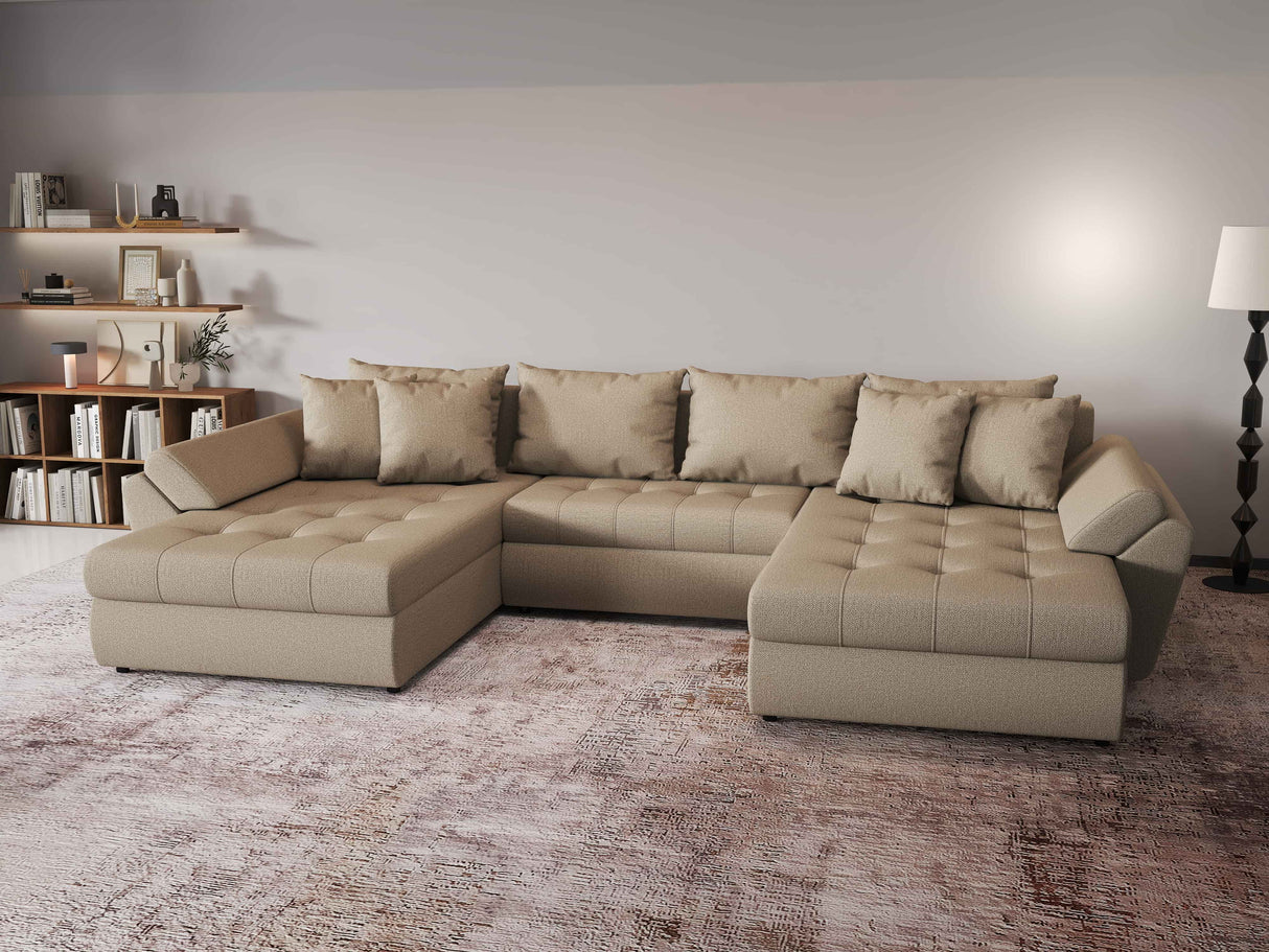 Colțar extensibil dumonde cu ladă de depozitare si sezut confortabil din spuma HR, Loana Bej U 355x185 cm Fabrica