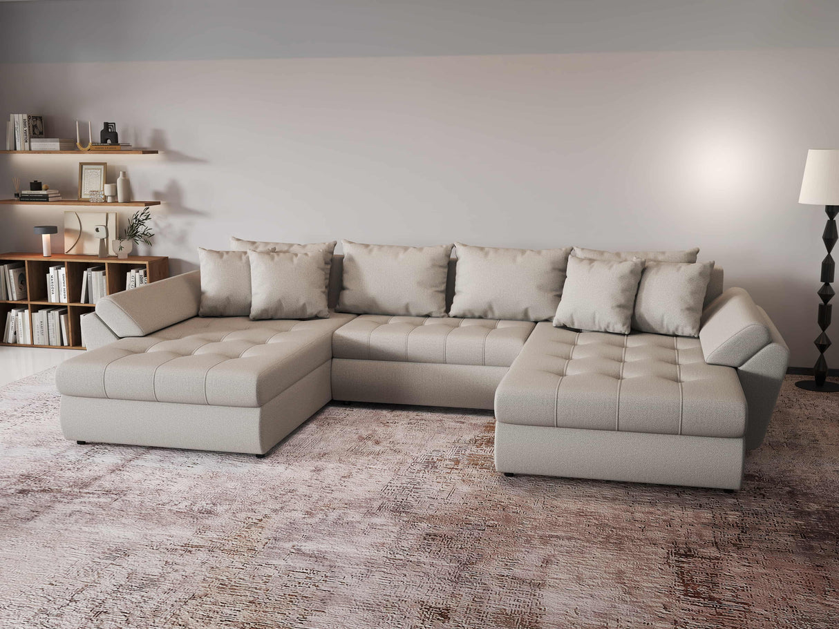Colțar extensibil dumonde cu ladă de depozitare si sezut confortabil din spuma HR, Loana Bej U 355x185 cm Fabrica