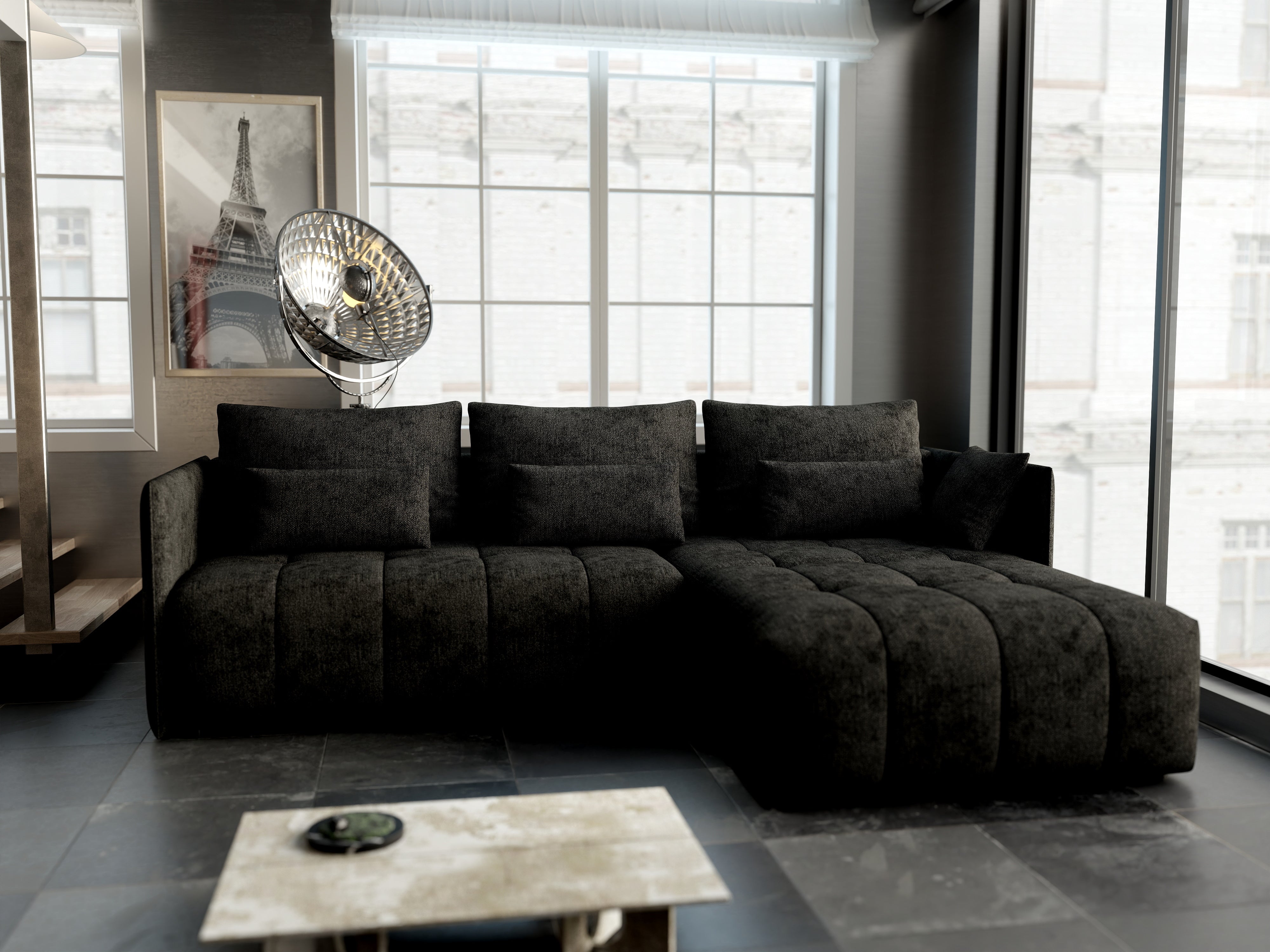 Colțar extensibil dumonde cu ladă de depozitare si sezut confortabil din spuma HR, Malta Black II 235x185 cm Fabrica