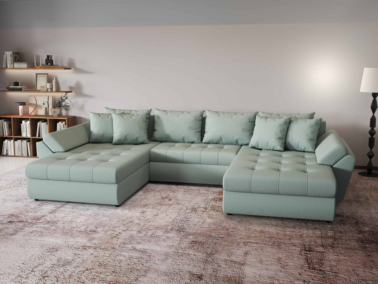 Colțar extensibil dumonde cu ladă de depozitare si sezut confortabil din spuma HR, Loana Enjoy Verde Mint U 355x185 cm Fabrica