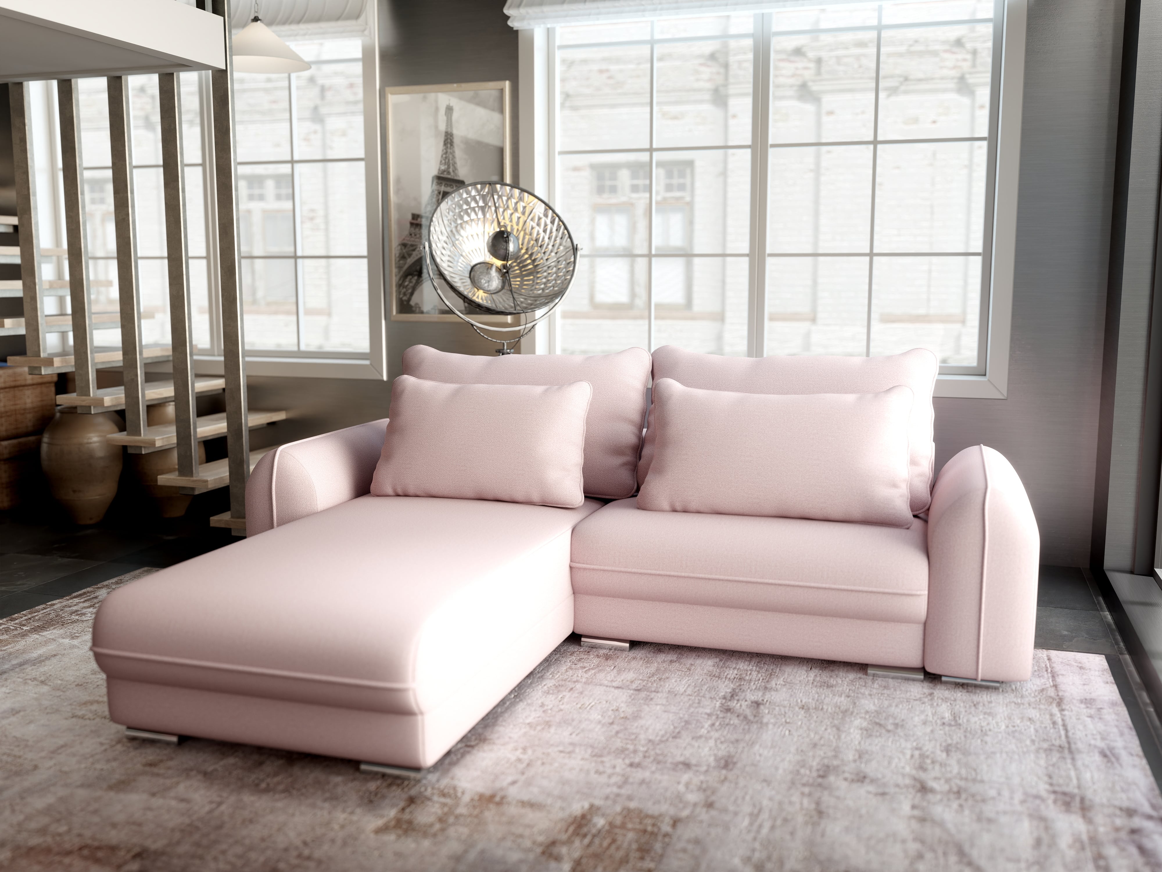 Colțar extensibil dumonde cu ladă de depozitare si sezut confortabil din spuma HR, Denver Enjoy Flamingo 275x185 cm Fabrica