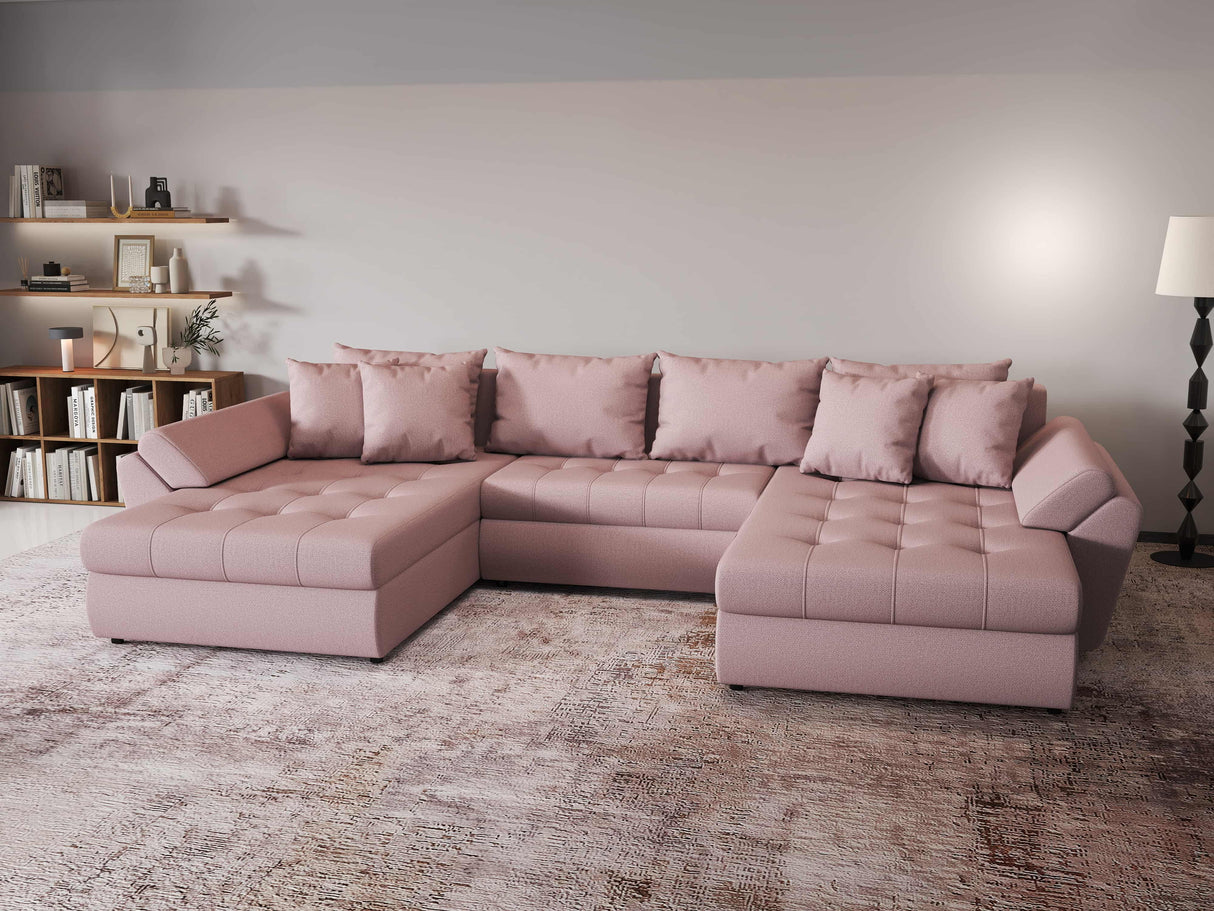 Colțar extensibil dumonde cu ladă de depozitare si sezut confortabil din spuma HR, Loana Enjoy Roz U 355x185 cm Fabrica