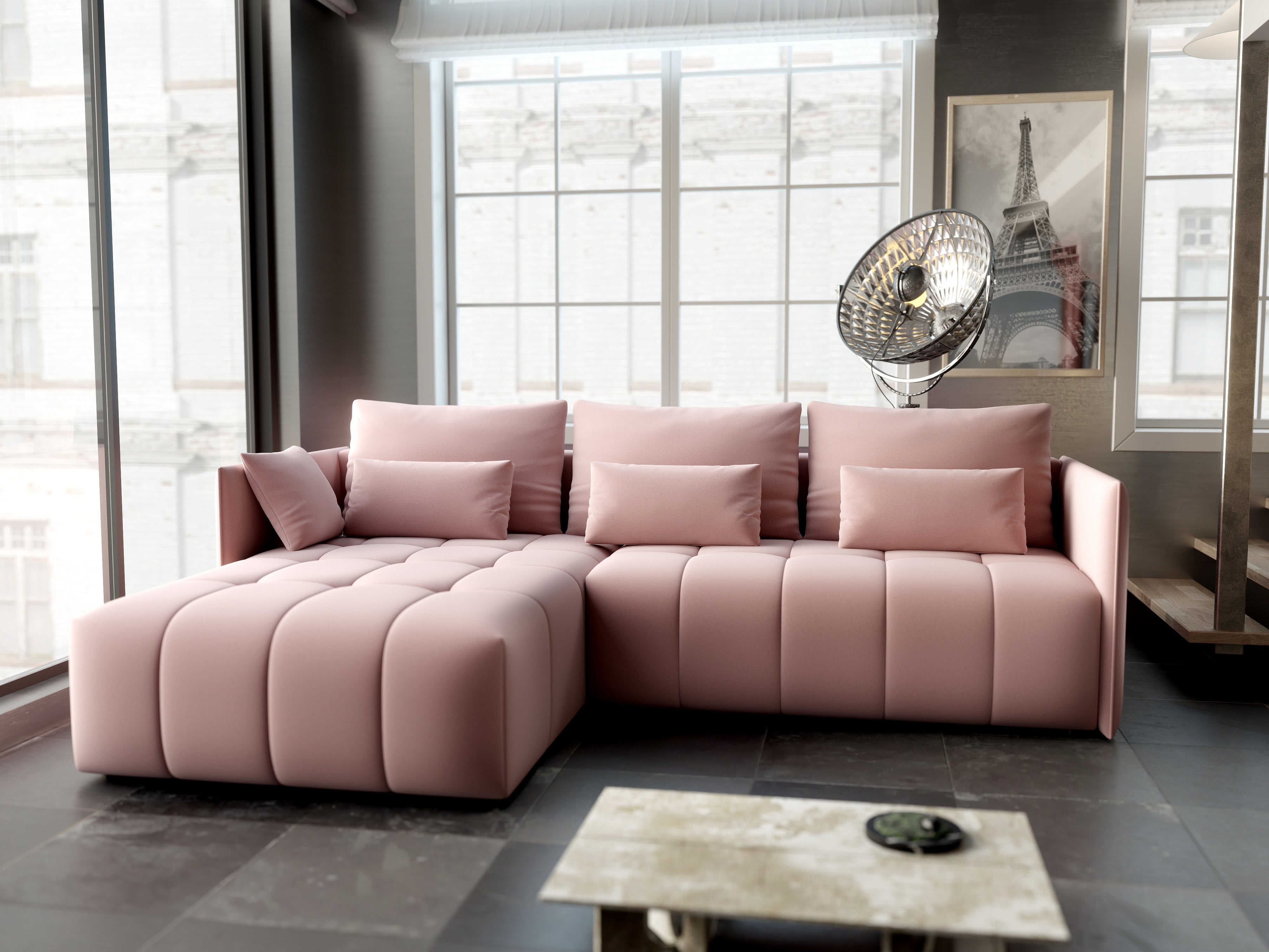 Colțar extensibil dumonde cu ladă de depozitare si sezut confortabil din spuma HR, Malta Roz Pudrat 235x185 cm Fabrica