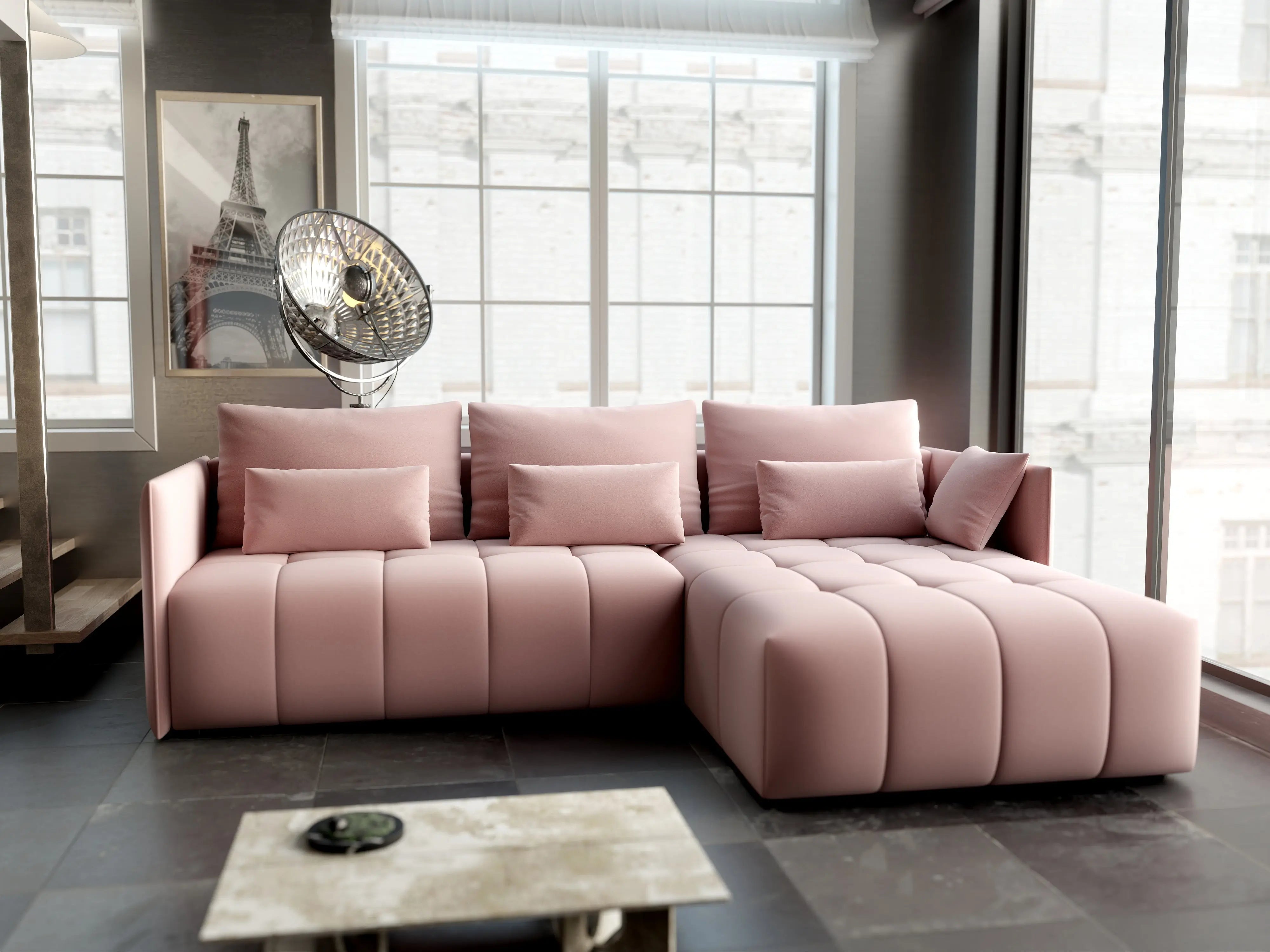 Colțar extensibil dumonde cu ladă de depozitare si sezut confortabil din spuma HR, Malta Roz Pudrat II 235x185 cm Fabrica