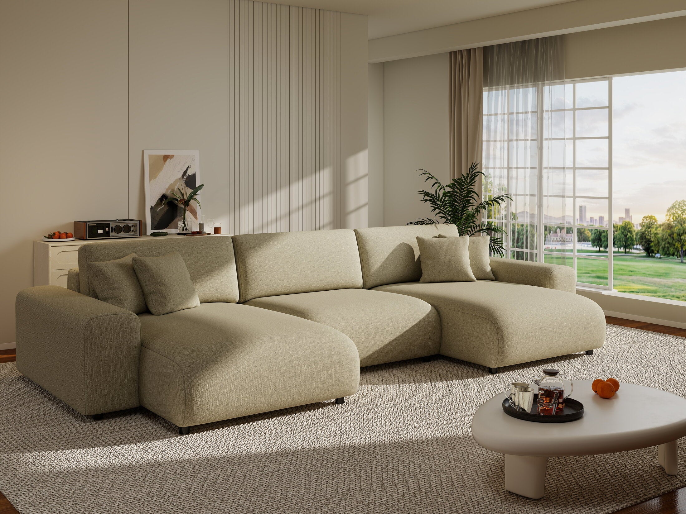 Colțar extensibil dumonde cu ladă de depozitare si sezut confortabil din spuma HR, Sarina U Enjoy Bej 350x168 cm