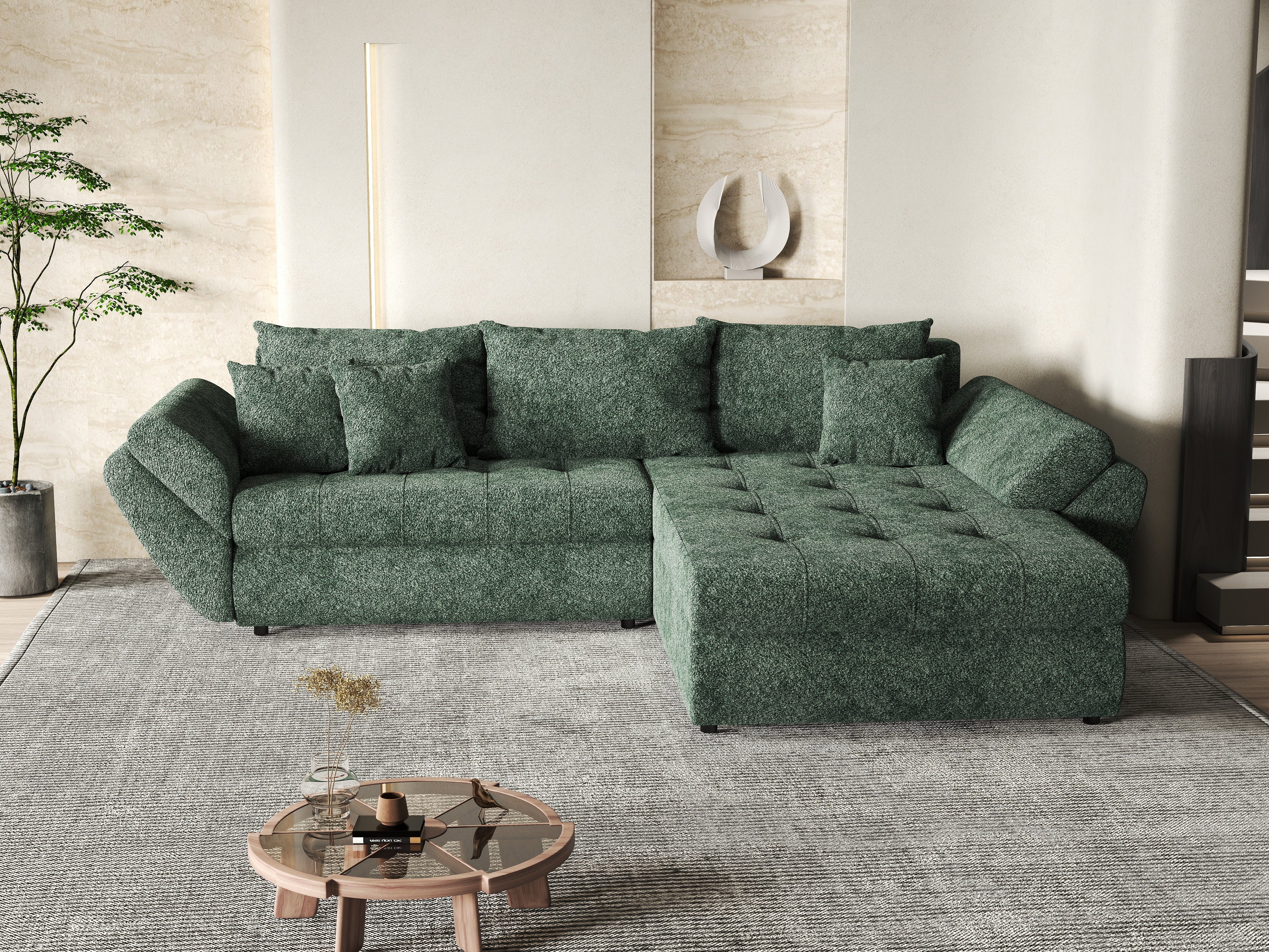 Colțar extensibil dumonde cu ladă de depozitare si sezut confortabil din spuma HR, Loana Euphoria Green II 270x185 cm Fabrica