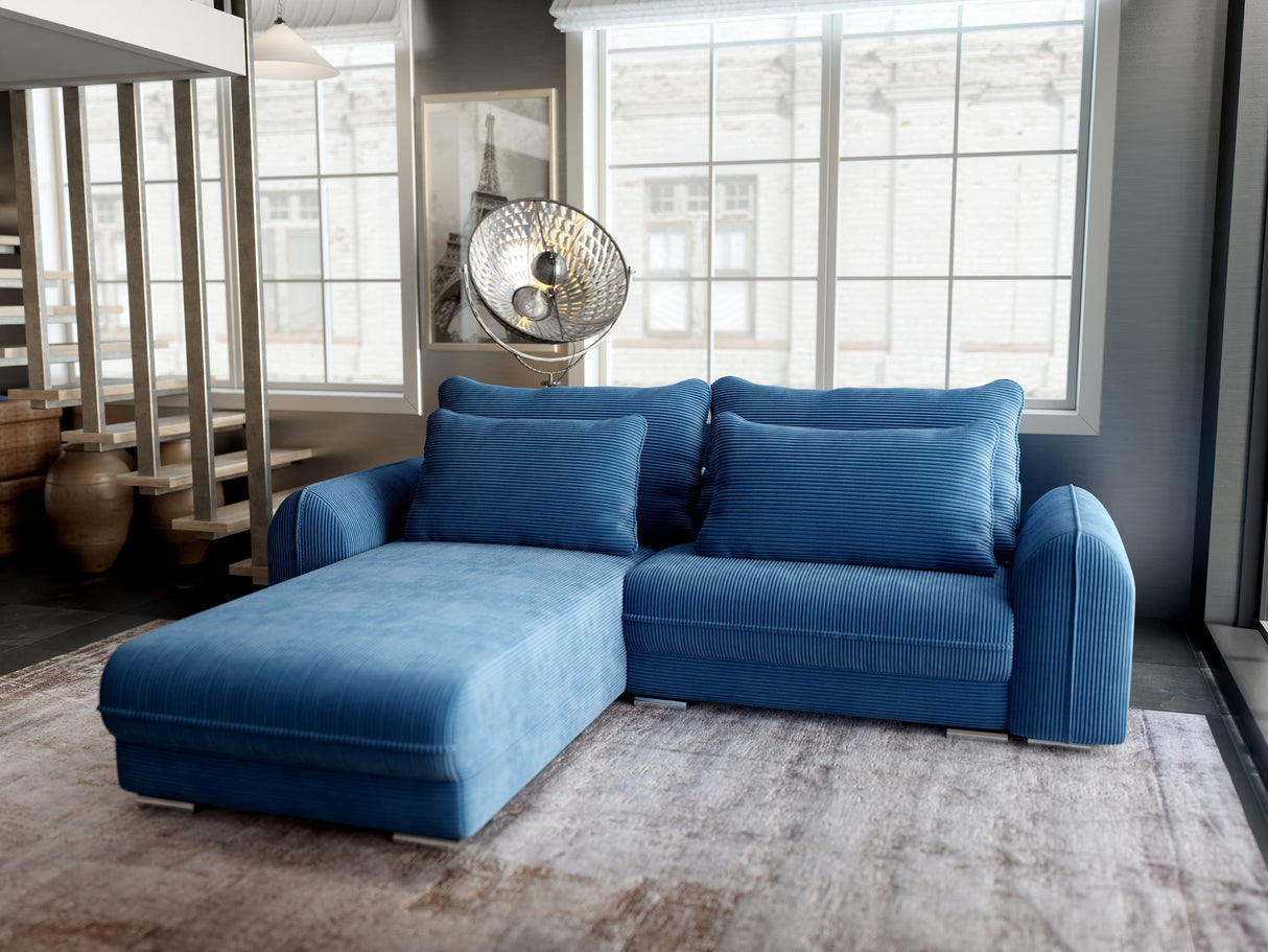 Colțar extensibil dumonde cu ladă de depozitare si sezut confortabil din spuma HR, Denver Zoom Albastru 275x185 cm Fabrica