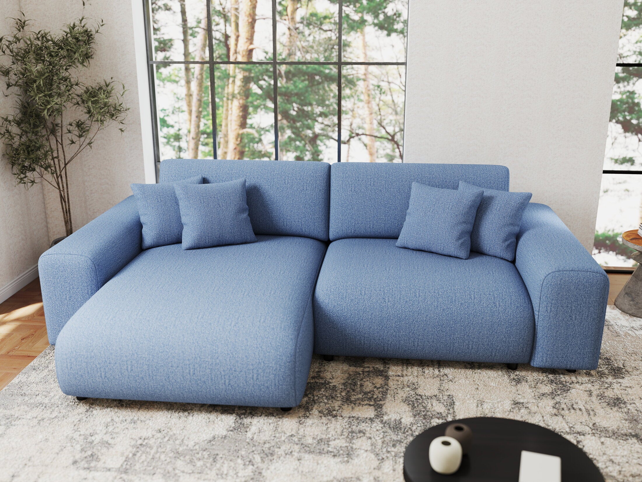 Colțar extensibil dumonde cu ladă de depozitare si sezut confortabil din spuma HR, Sarina Enjoy Albastru 255x168 cm