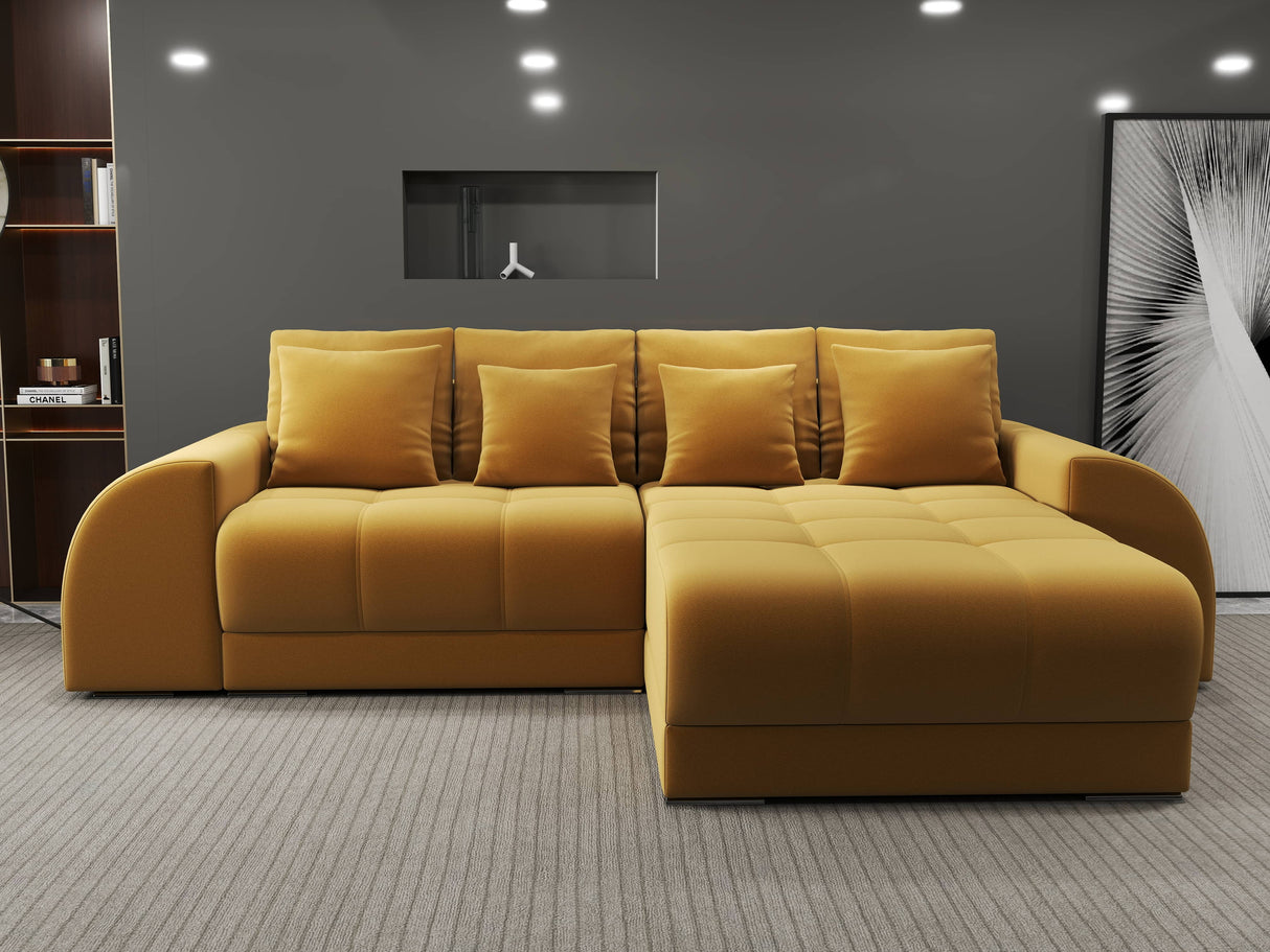 Colțar extensibil dumonde cu ladă de depozitare si sezut confortabil din spuma HR, Verona Royal Mustar II 290x185 cm Fabrica