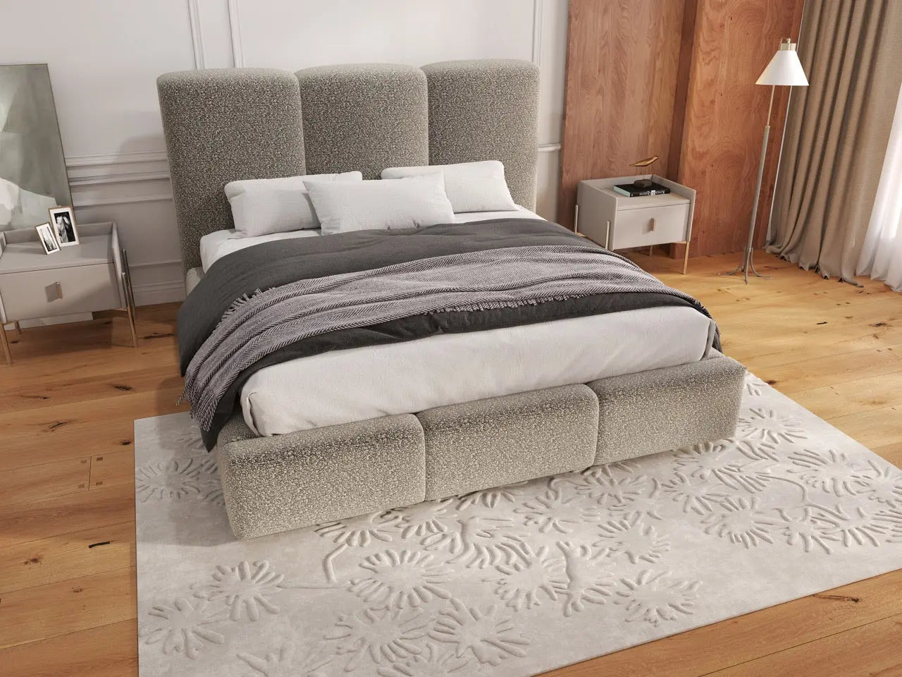 Pat dormitor dumonde, tapitat bej, Dinasty 180x200 cm, somiera rabatabila inclusa, spatiu depozitare WLS