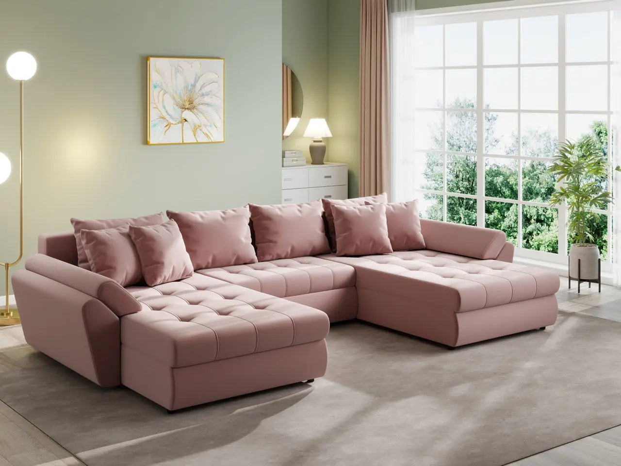 Colțar extensibil dumonde cu ladă de depozitare si sezut confortabil din spuma HR, Loana U Royal Pink 355x185 cm Fabrica