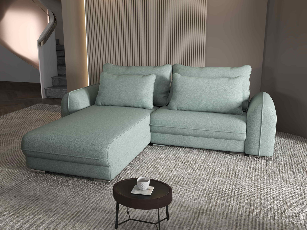 Colțar extensibil dumonde cu ladă de depozitare si sezut confortabil din spuma HR, Denver Enjoy Verde Mint 275x185 cm Fabrica