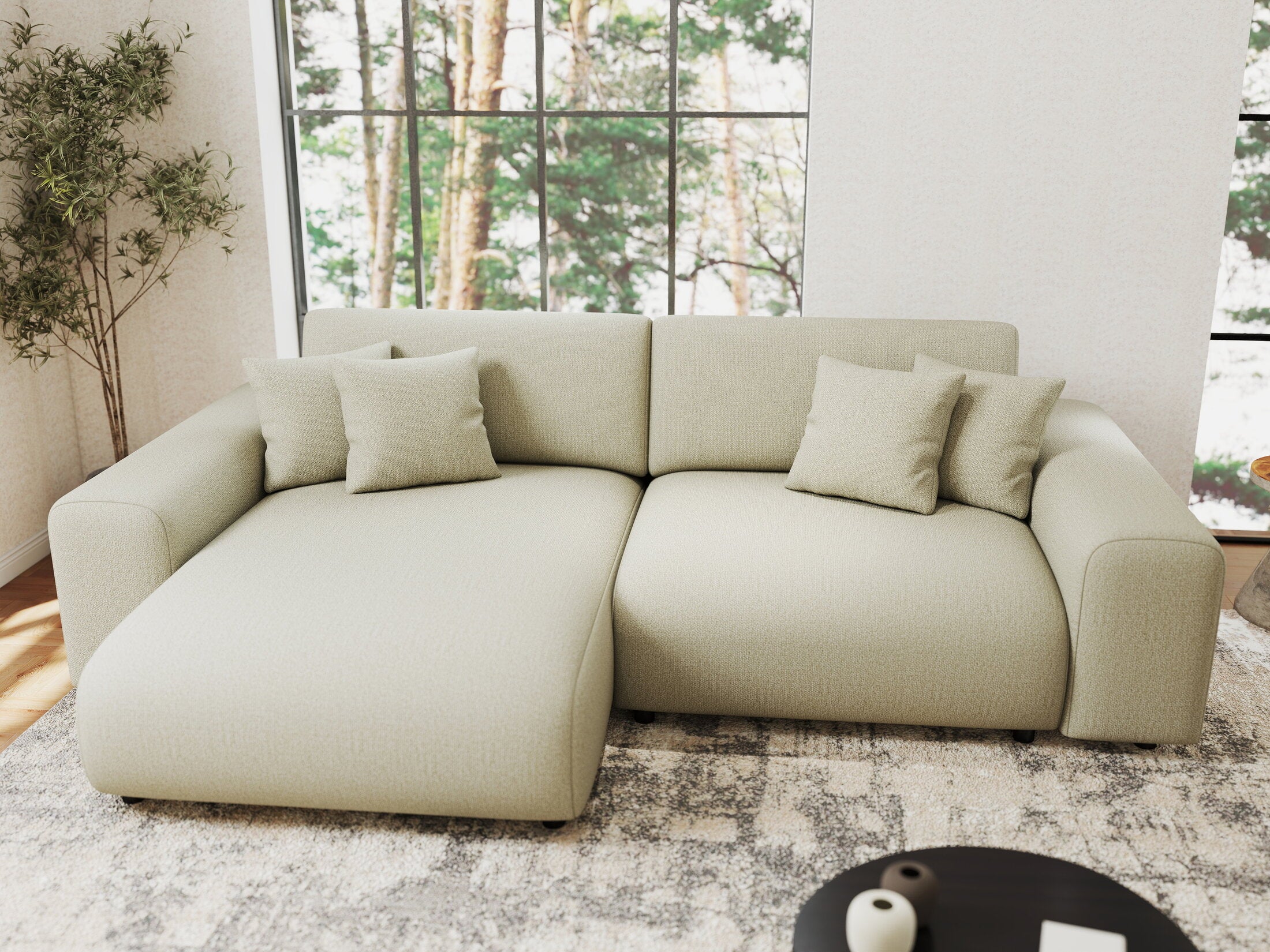 Colțar extensibil dumonde cu ladă de depozitare si sezut confortabil din spuma HR, Sarina Enjoy Bej 255x168 cm