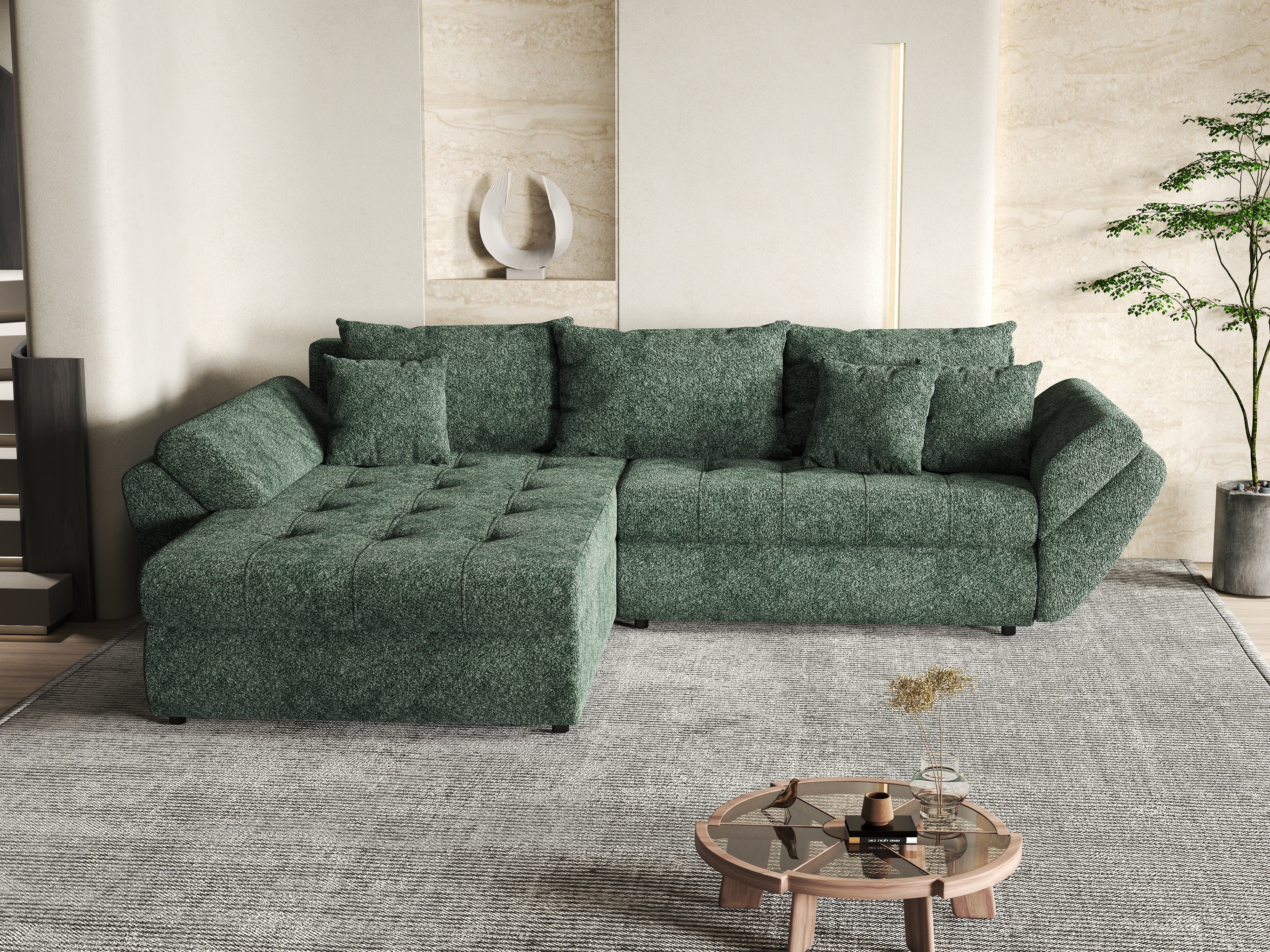 Colțar extensibil dumonde cu ladă de depozitare si sezut confortabil din spuma HR, Loana Euphoria Green 270x185 cm Fabrica