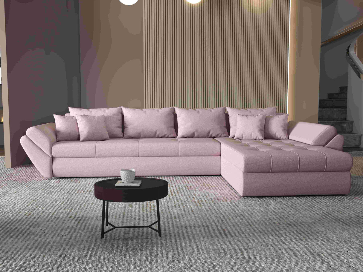 Colțar extensibil dumonde cu ladă de depozitare si sezut confortabil din spuma HR, Loana XL Enjoy Roz II 335x185 cm Fabrica