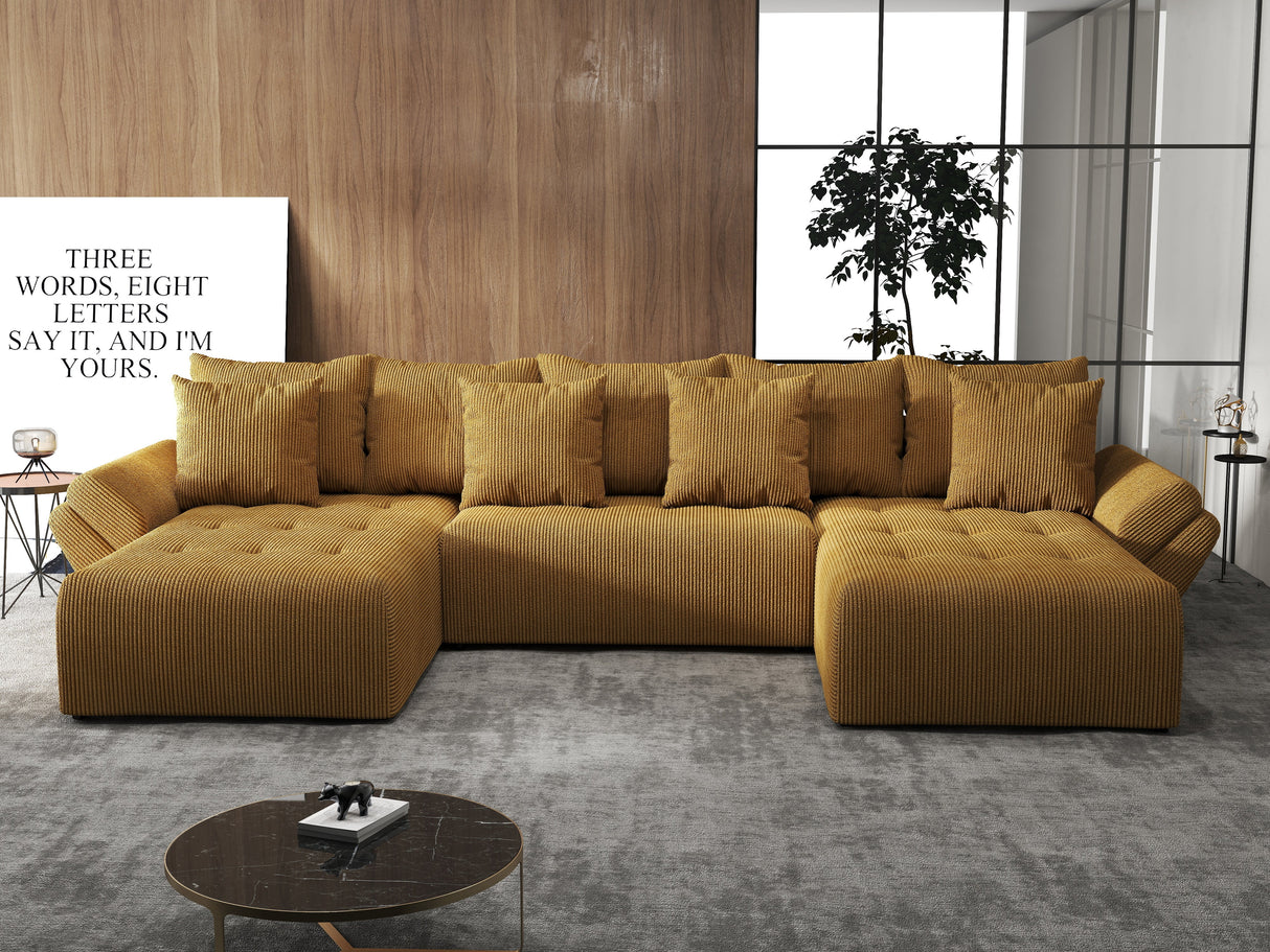 Colțar extensibil dumonde cu ladă de depozitare si sezut confortabil din spuma HR, Berlin U Zoom Mustar 380x180 cm Fabrica