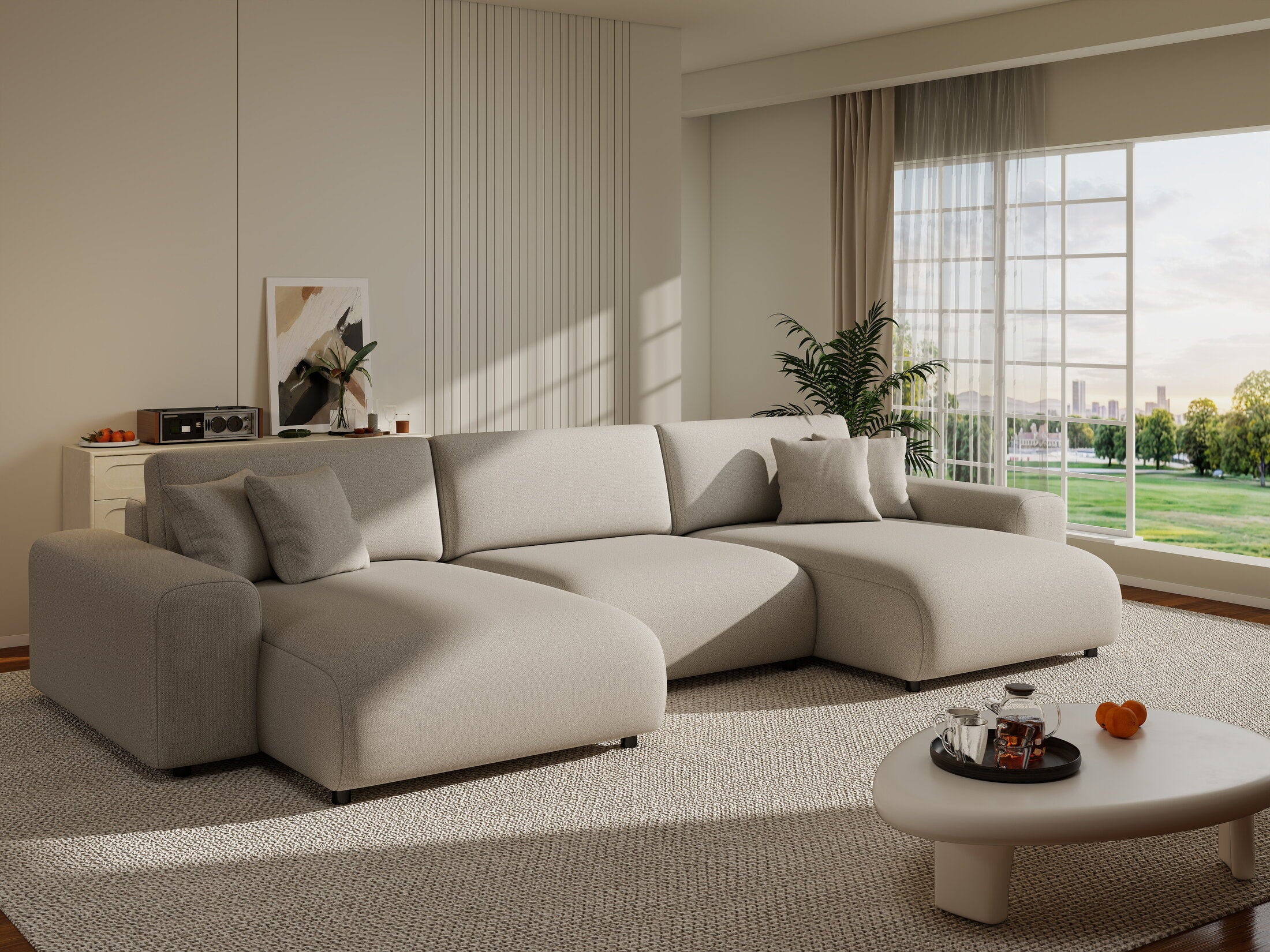 Colțar extensibil dumonde cu ladă de depozitare si sezut confortabil din spuma HR, Sarina U Enjoy Bej 350x168 cm