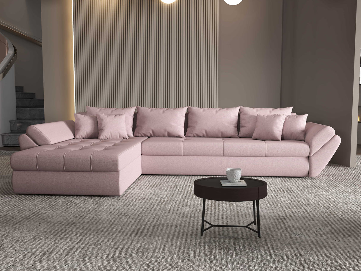 Colțar extensibil dumonde cu ladă de depozitare si sezut confortabil din spuma HR, Loana XL Enjoy Roz 335x185 cm Fabrica