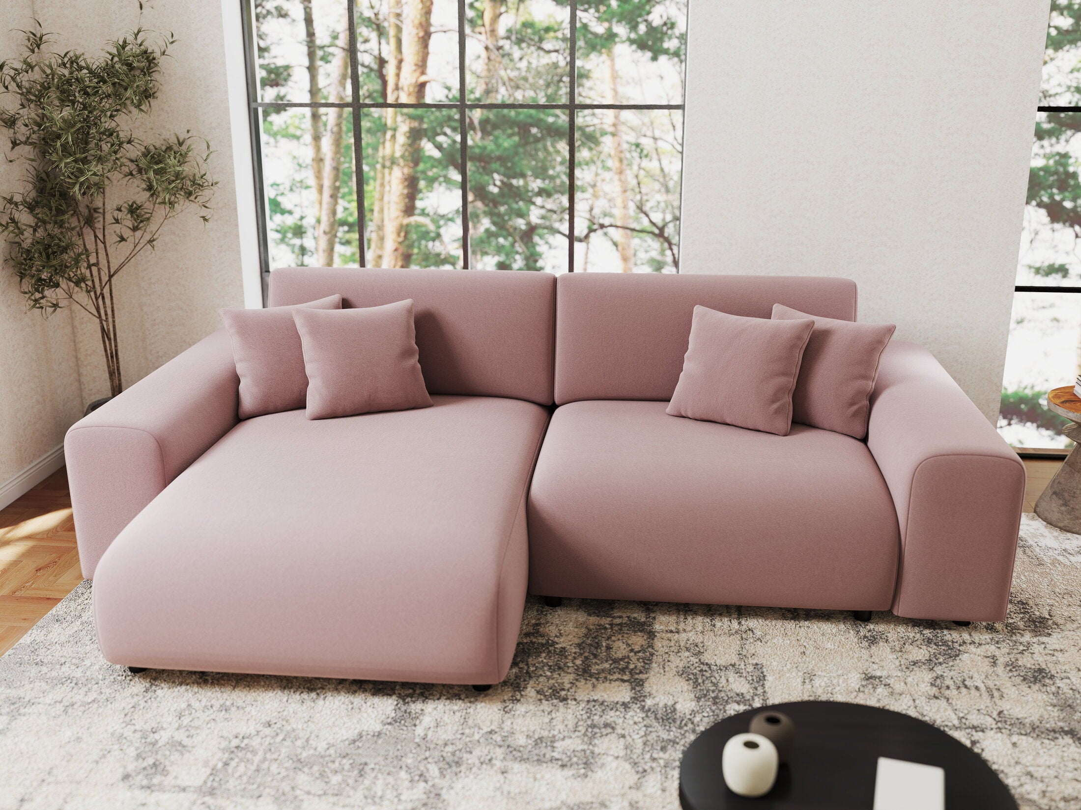 Colțar extensibil dumonde cu ladă de depozitare si sezut confortabil din spuma HR, Sarina Royal Roz 255x168 cm