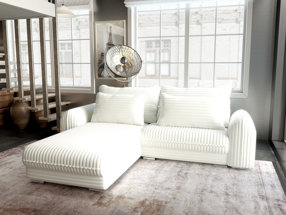Colțar extensibil dumonde cu ladă de depozitare si sezut confortabil din spuma HR, Denver Ambience Alb 275x185 cm Fabrica
