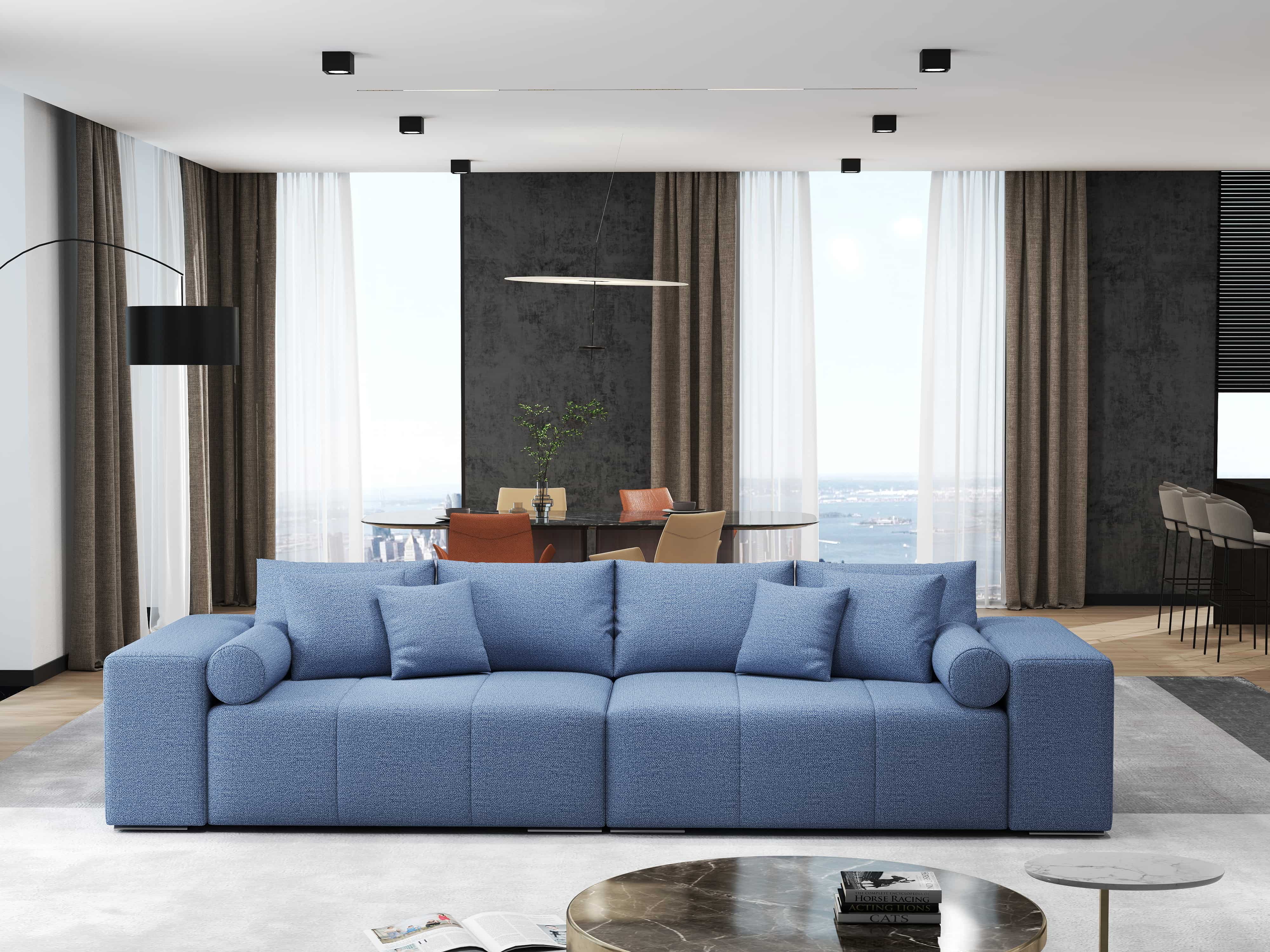 Canapea extensibilă dumonde cu ladă de depozitare si sezut confortabil din spuma HR, Marbela Enjoy Lux Blue XXL 295x100 cm fabrica