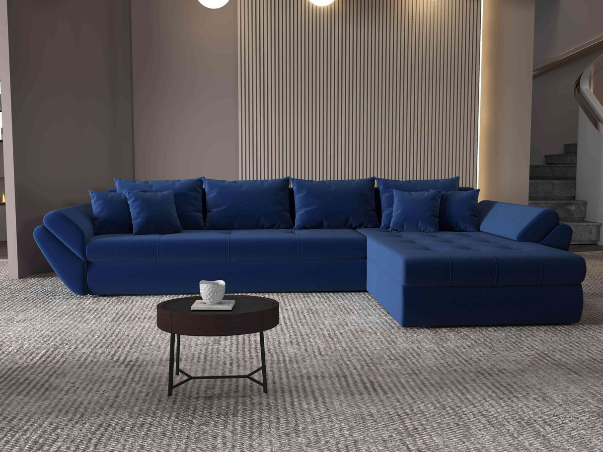 Colțar extensibil dumonde cu ladă de depozitare si sezut confortabil din spuma HR, Loana XL Royal Albastru II 335x185 cm Fabrica