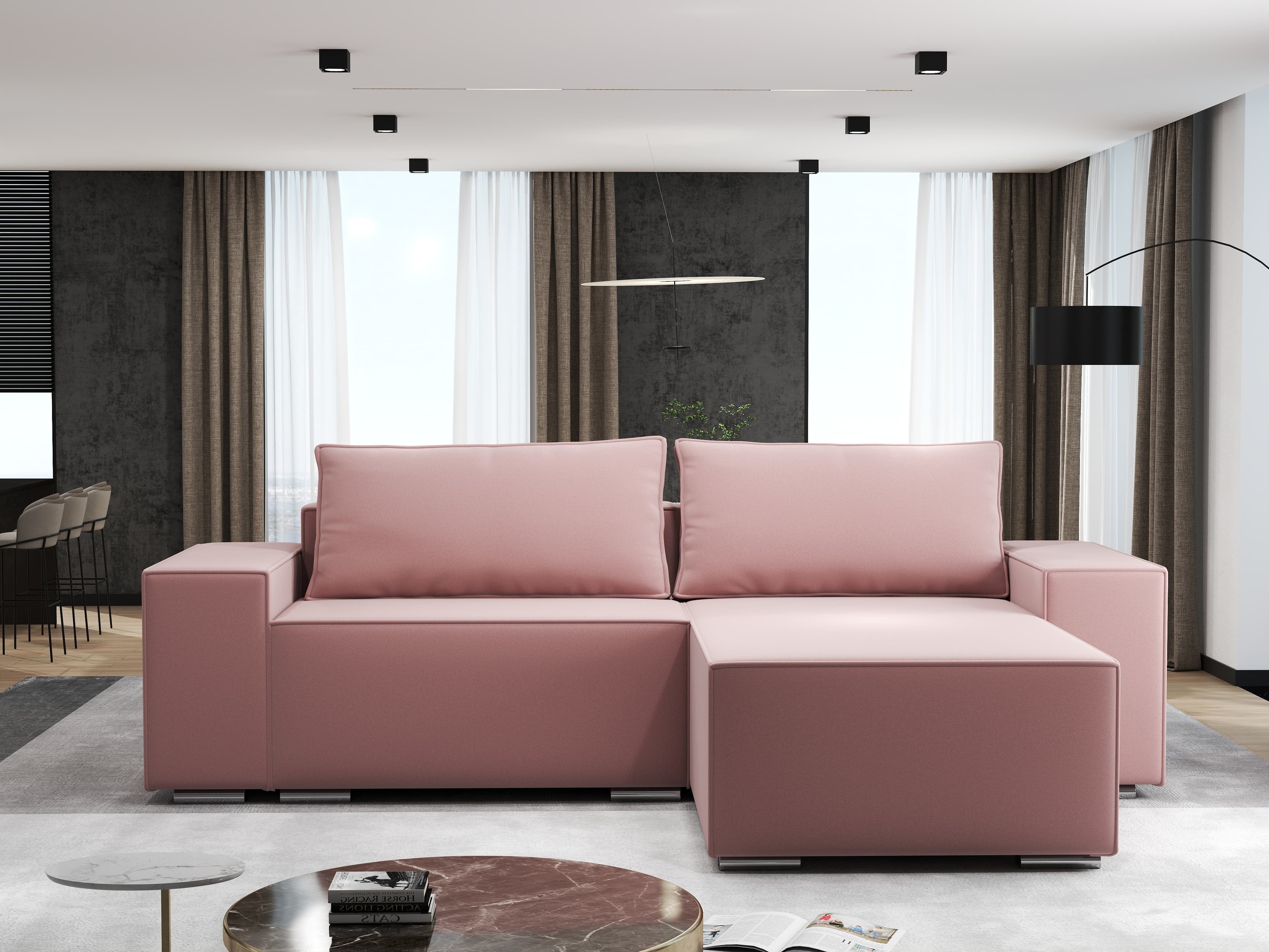 Colțar extensibil dumonde cu ladă de depozitare si sezut confortabil din spuma HR, Dream Royal Roz 290x185 cm II Fabrica