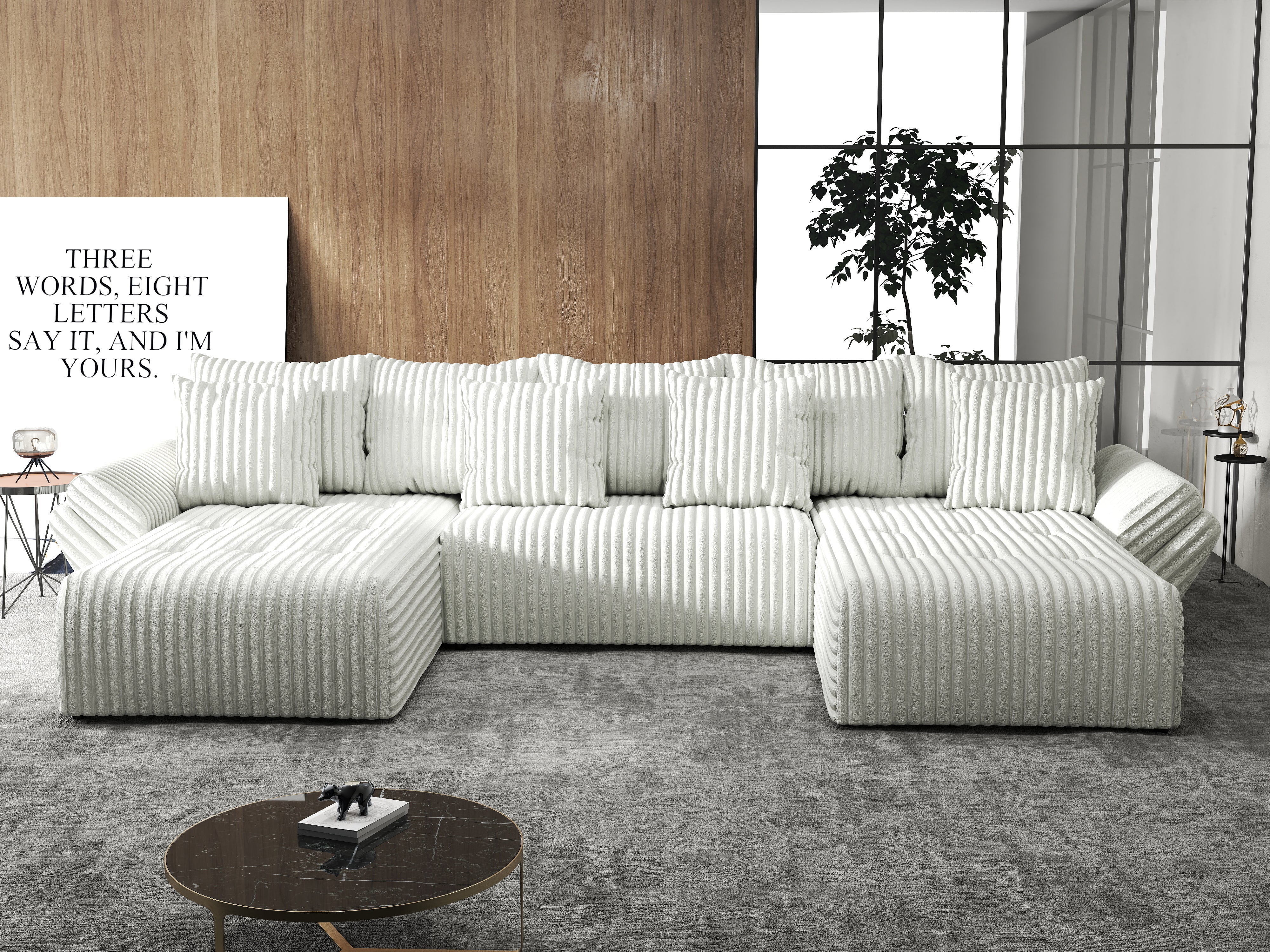 Colțar extensibil dumonde cu ladă de depozitare si sezut confortabil din spuma HR, Berlin U Ambience Bej 380x180 cm Fabrica