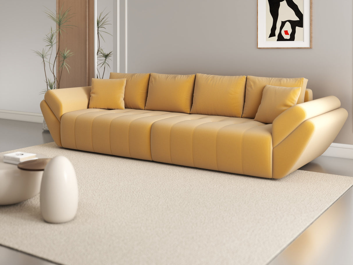 Canapea extensibilă dumonde cu ladă de depozitare si sezut confortabil din spuma HR, Berlin Royal Mustar 300x100 cm Fabrica