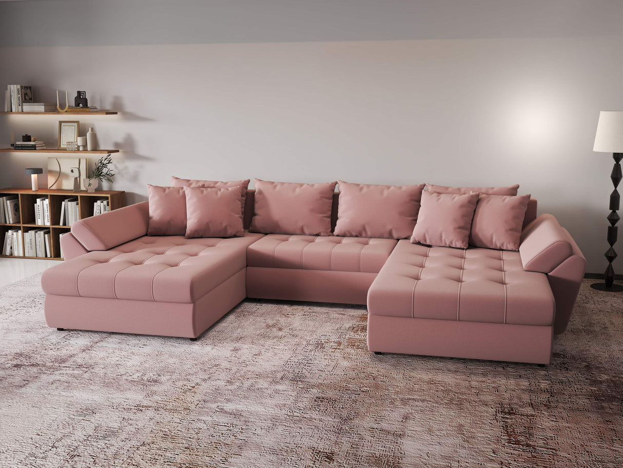 Colțar extensibil dumonde cu ladă de depozitare si sezut confortabil din spuma HR, Loana Royal Roz U 355x185 cm Fabrica