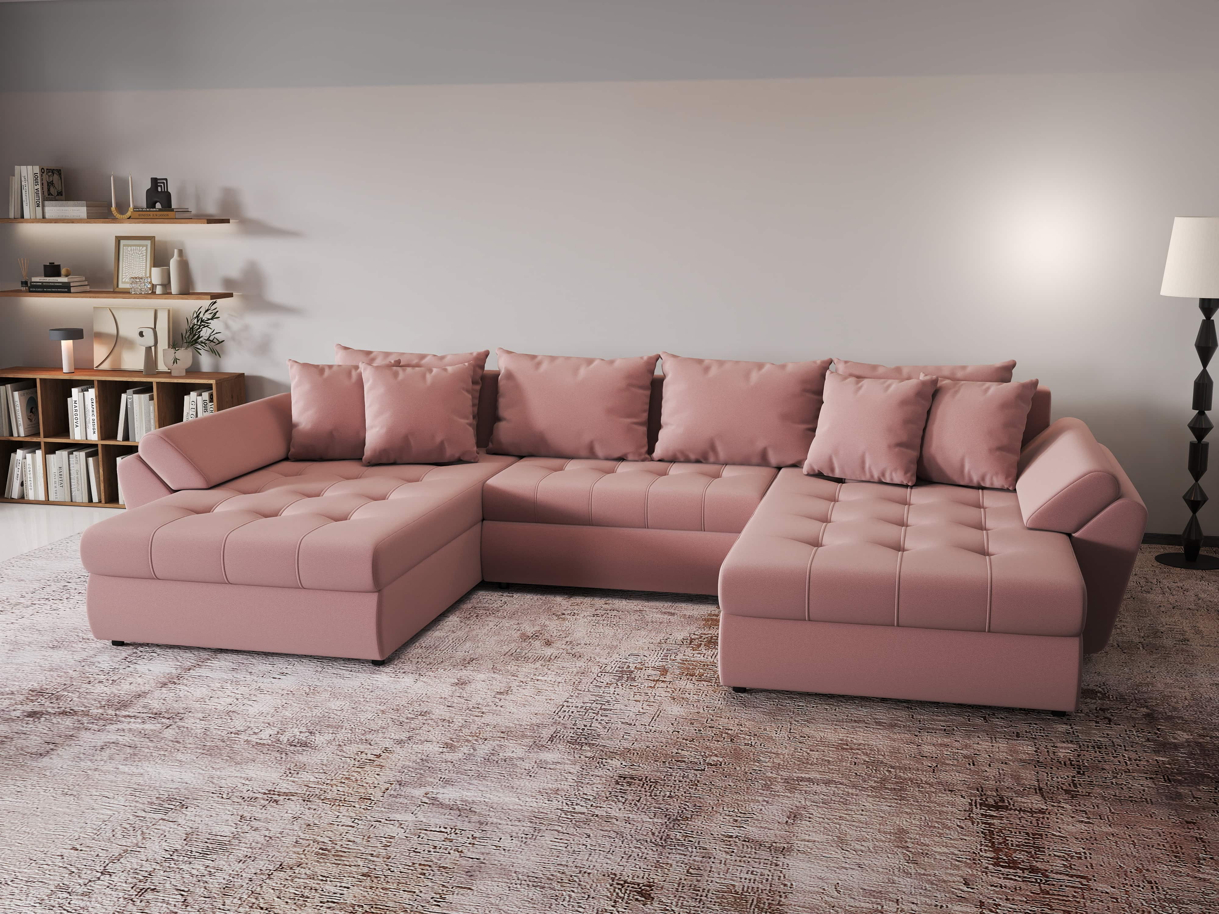 Colțar extensibil dumonde cu ladă de depozitare si sezut confortabil din spuma HR, Loana Royal Roz U 355x185 cm Fabrica