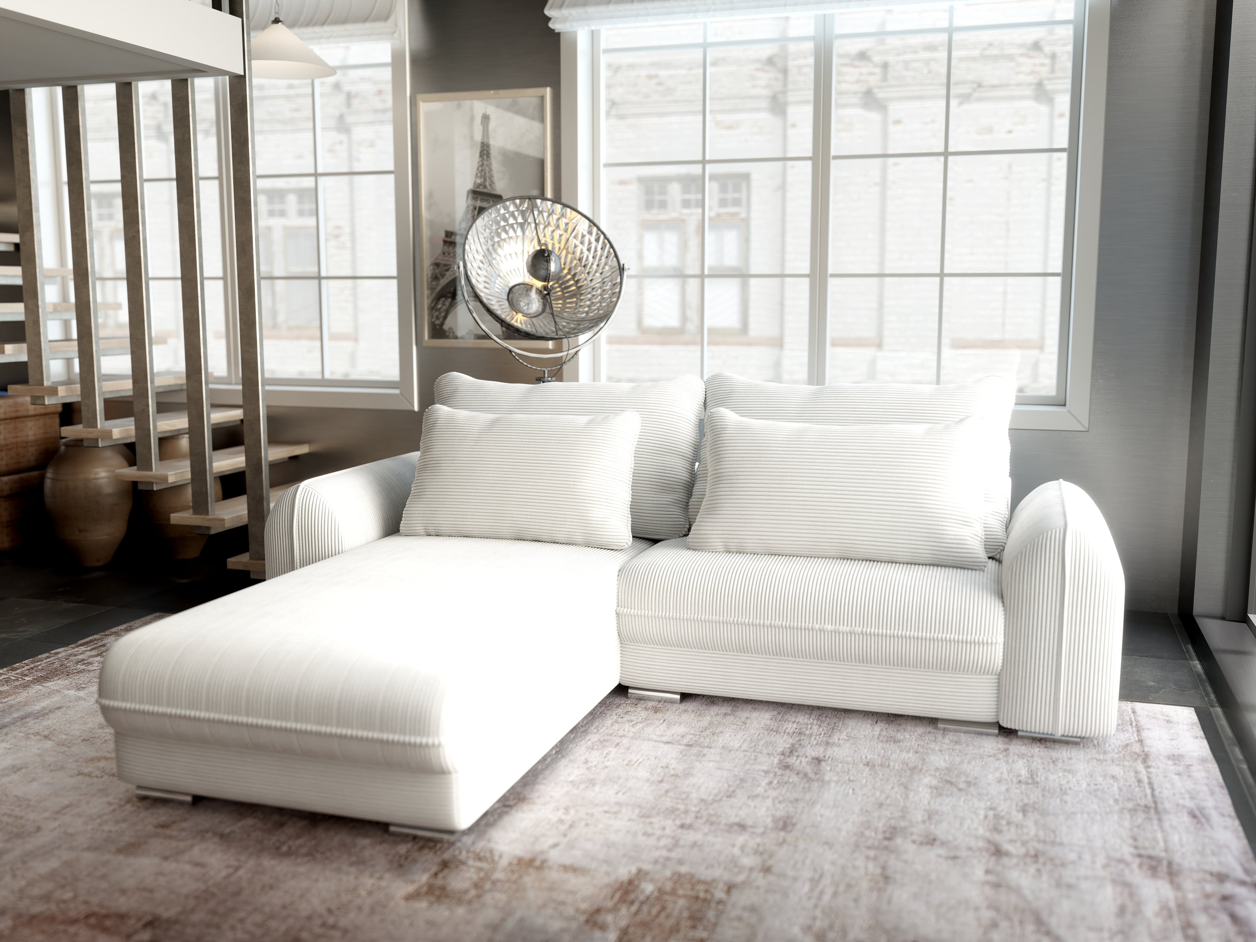 Colțar extensibil dumonde cu ladă de depozitare si sezut confortabil din spuma HR, Denver Zoom Crem 275x185 cm Fabrica