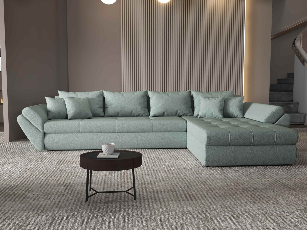 Colțar extensibil dumonde cu ladă de depozitare si sezut confortabil din spuma HR, Loana XL Enjoy Mint II 335x185 cm Fabrica