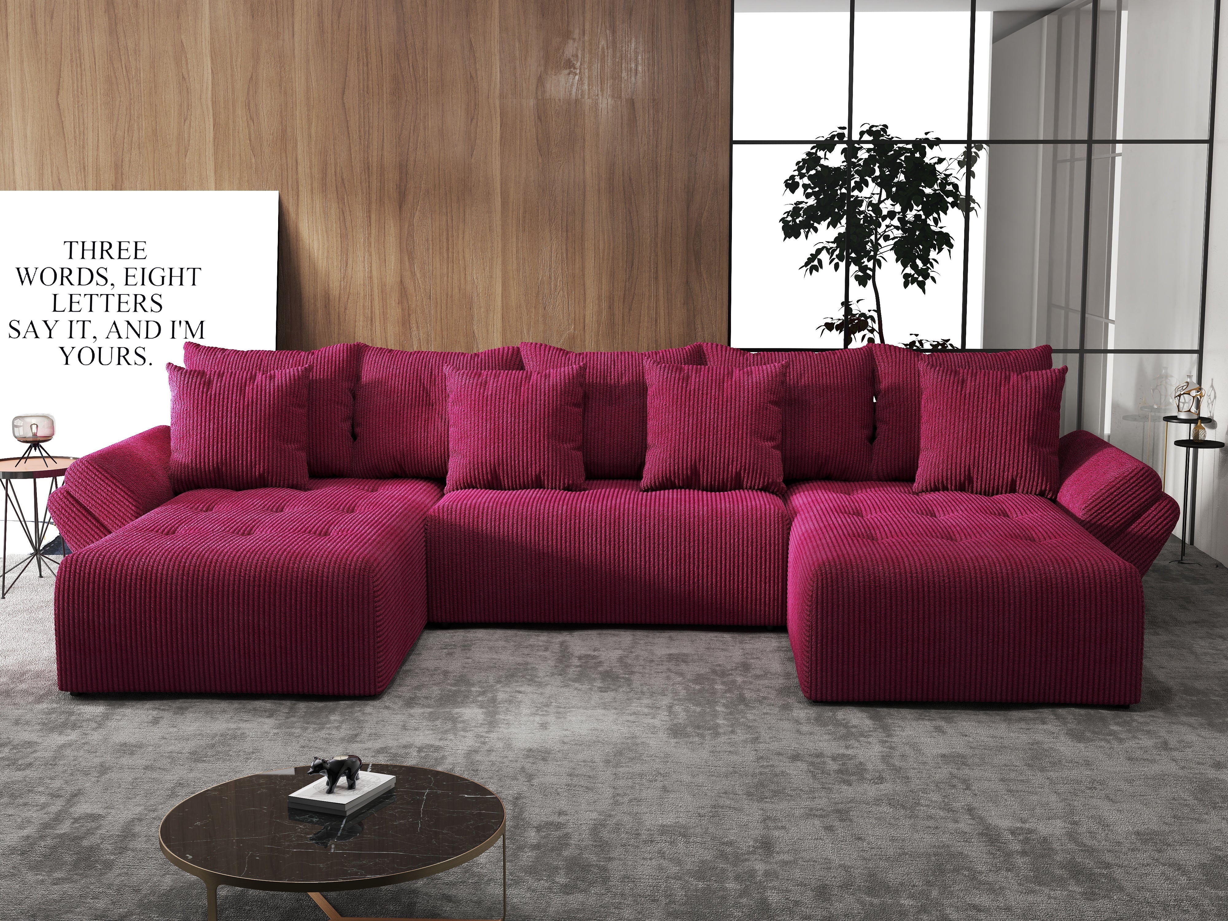 Colțar extensibil dumonde cu ladă de depozitare si sezut confortabil din spuma HR, Berlin U Zoom Bordeaux 380x180 cm Fabrica