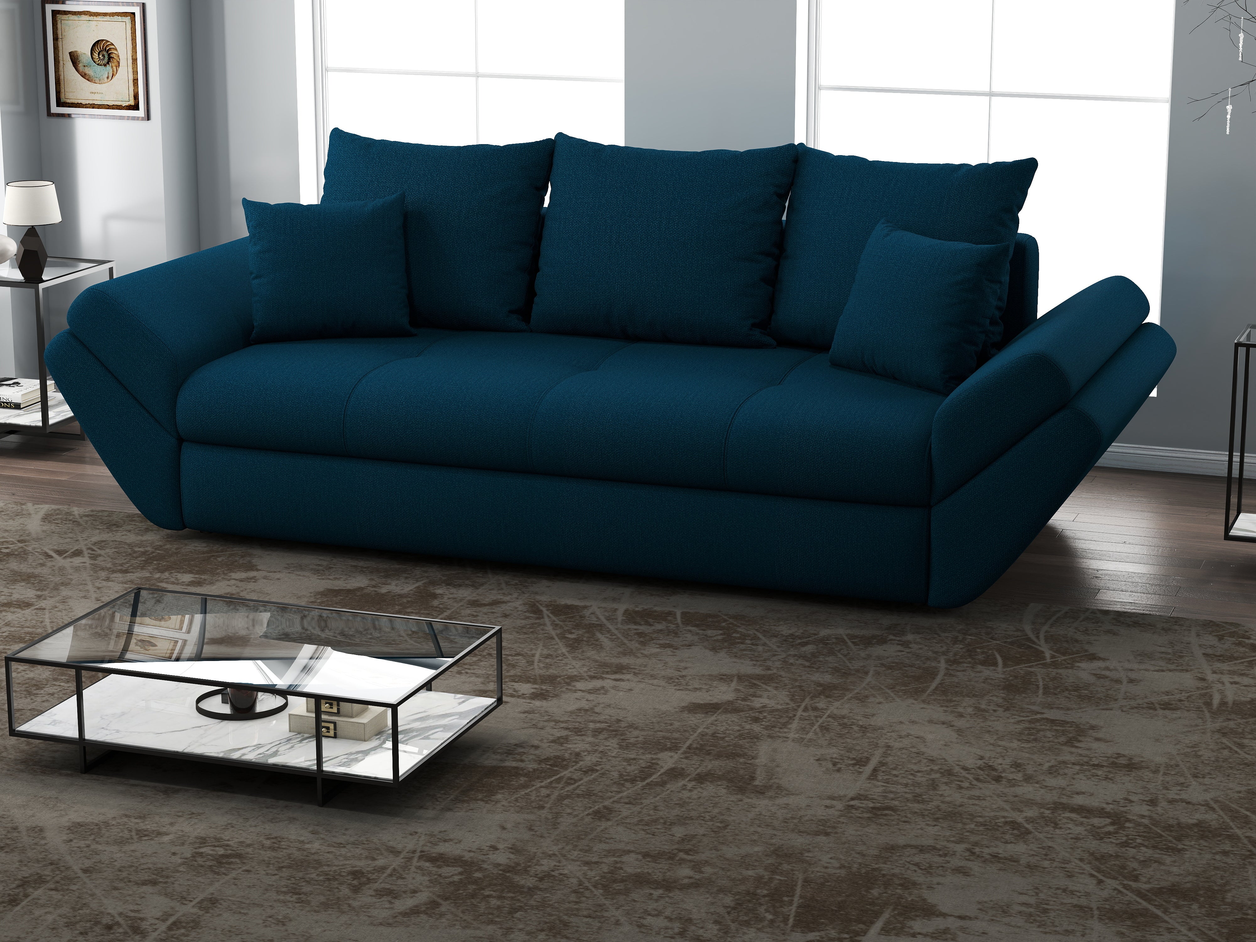 Canapea extensibilă dumonde cu ladă de depozitare si sezut confortabil din spuma HR, Loana Petrol 250x100 cm Fabrica