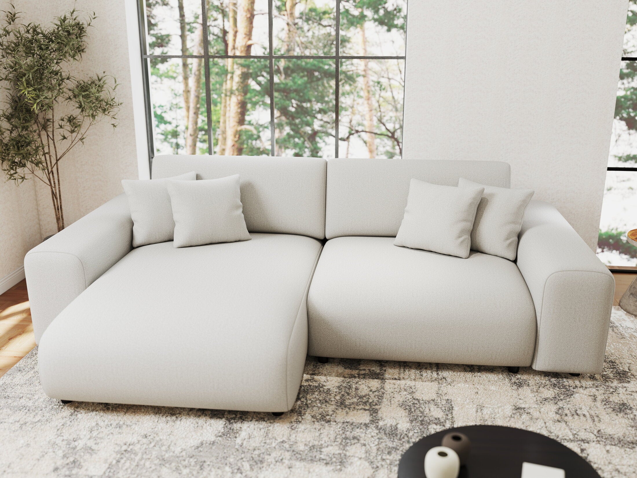 Colțar extensibil dumonde cu ladă de depozitare si sezut confortabil din spuma HR, Sarina Enjoy Bej 255x168 cm