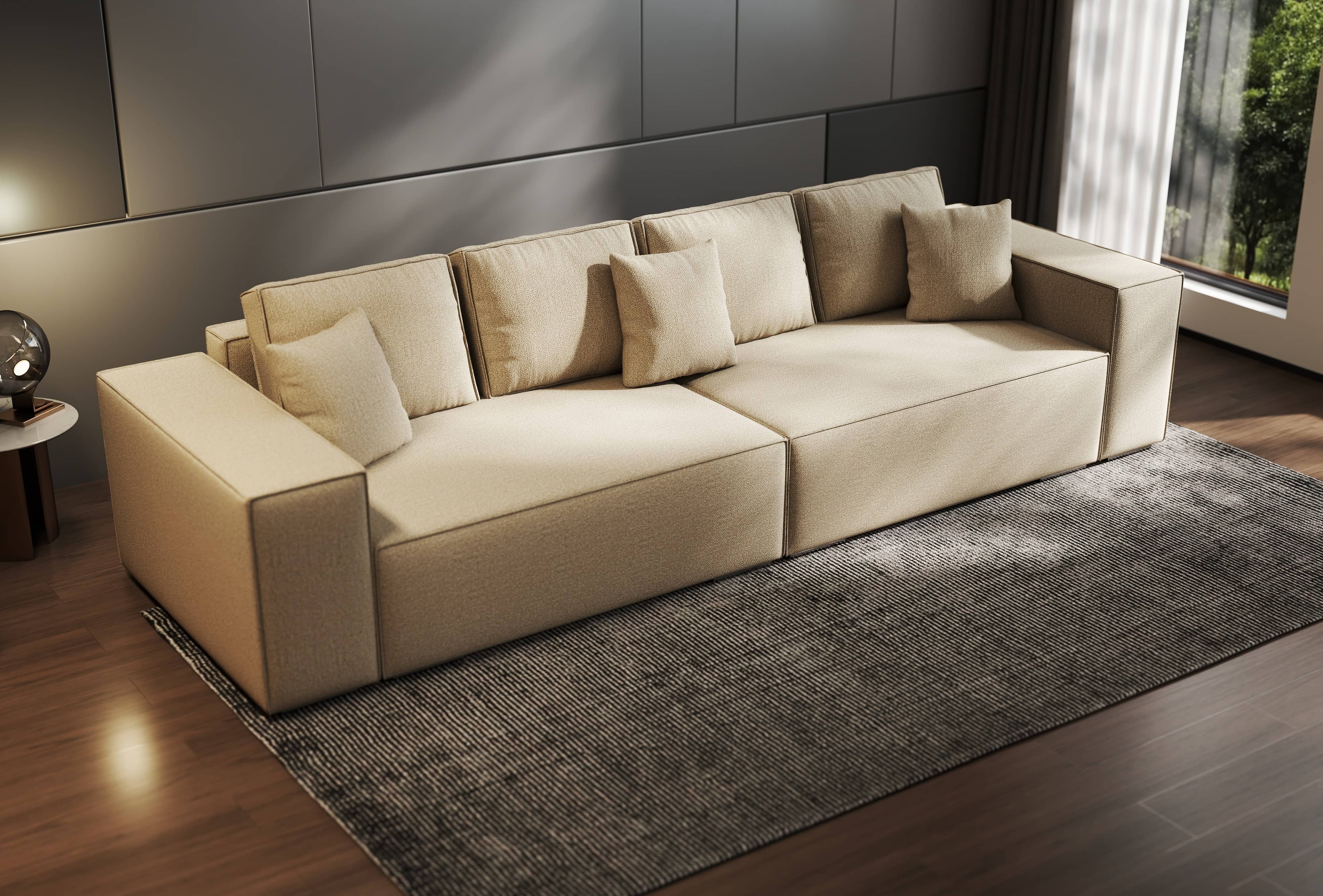 Canapea extensibilă dumonde cu ladă de depozitare si sezut confortabil din spuma HR, Dream Enjoy Camel 310x100 cm Fabrica