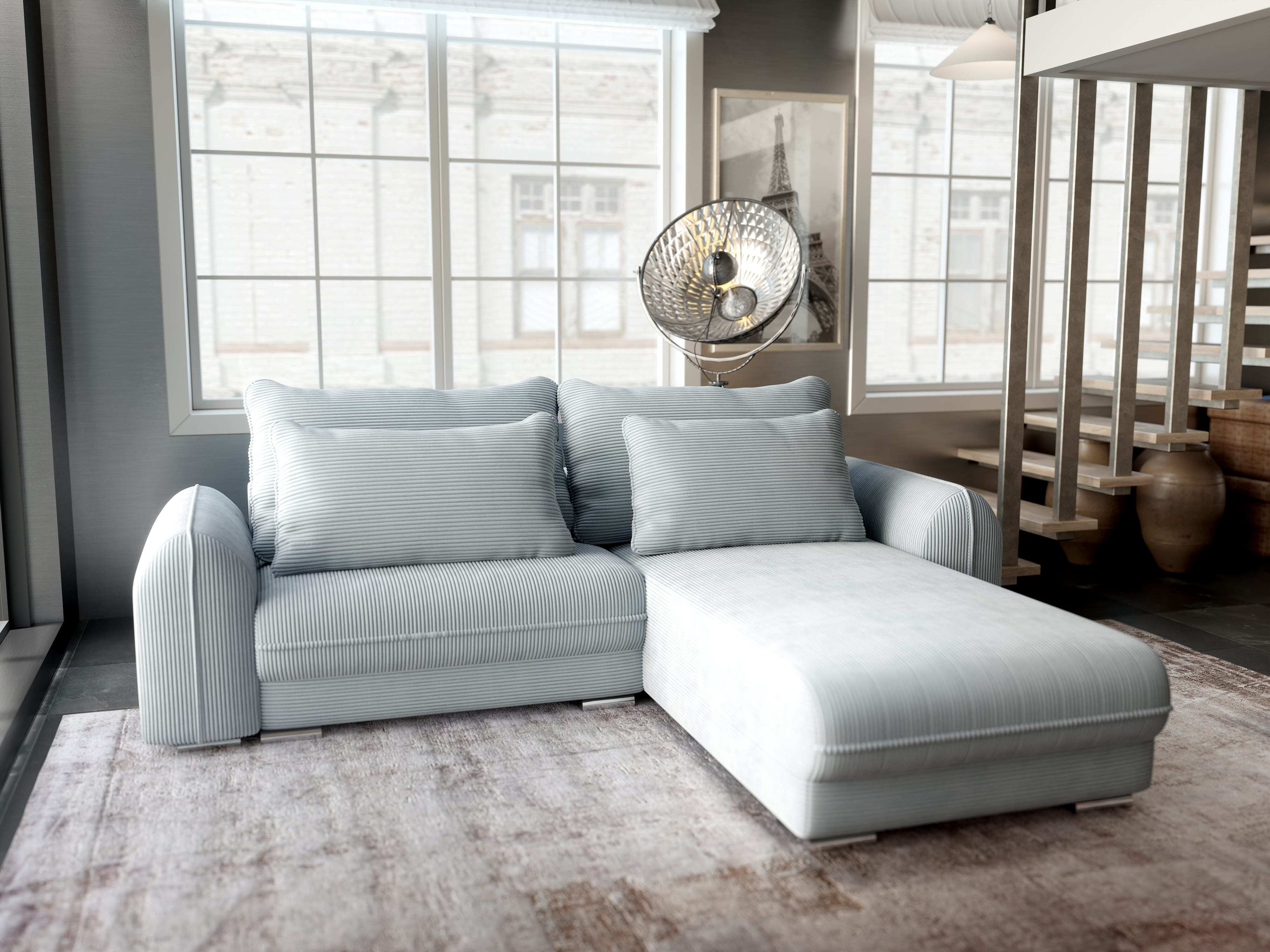 Colțar extensibil dumonde cu ladă de depozitare si sezut confortabil din spuma HR, Denver Zoom Gri Mint 275x185 cm II Fabrica