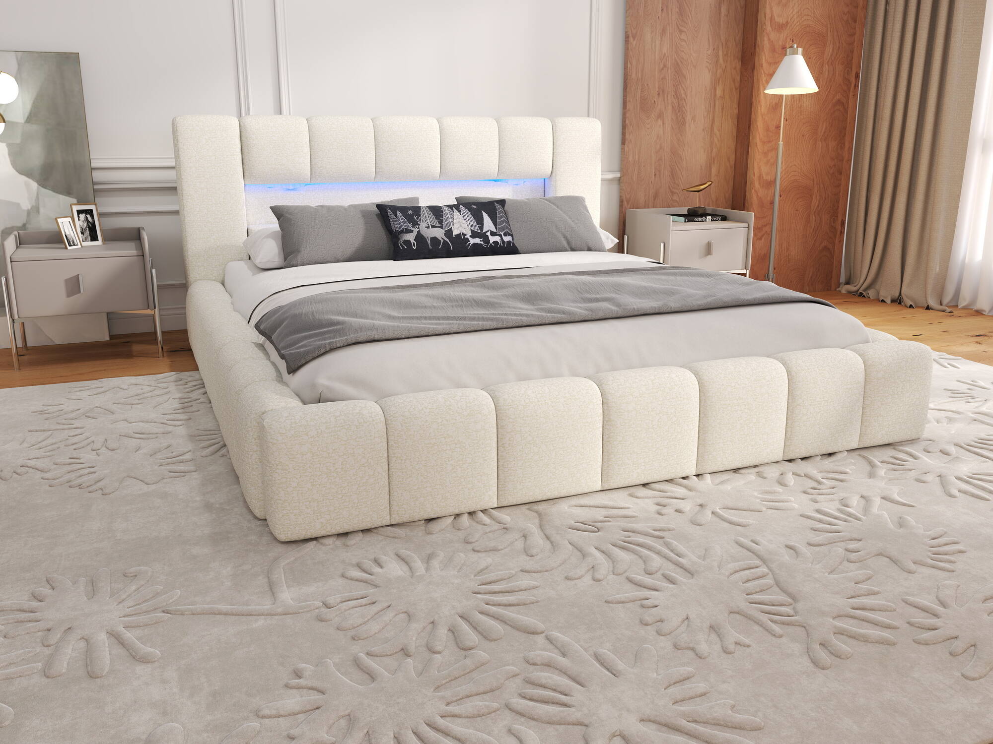 Pat dormitor dumonde, tapitat bej, Palermo 180x200 cm, somiera rabatabila inclusa, spatiu depozitare