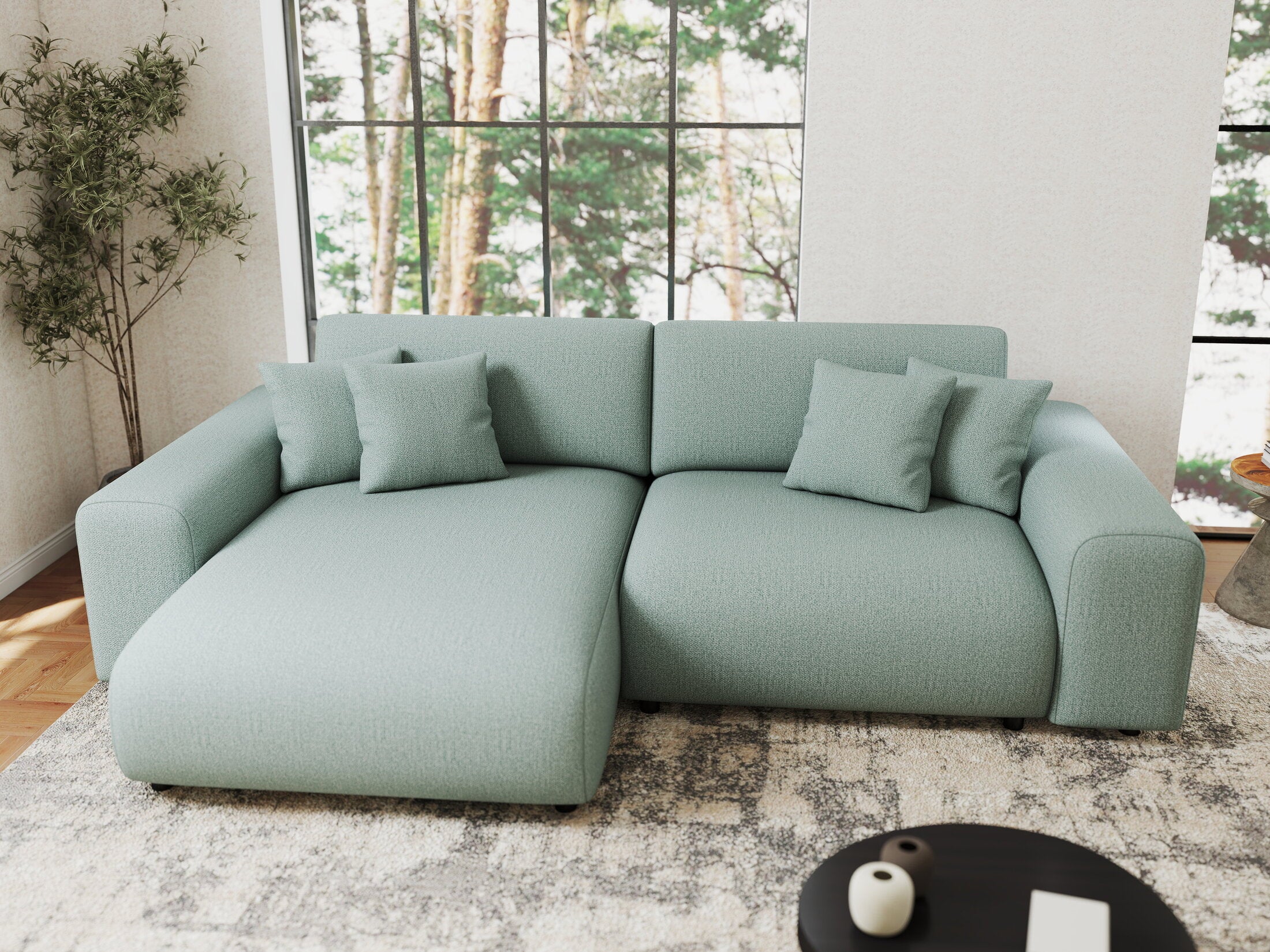 Colțar extensibil dumonde cu ladă de depozitare si sezut confortabil din spuma HR, Sarina Enjoy Verde Mint 255x168 cm